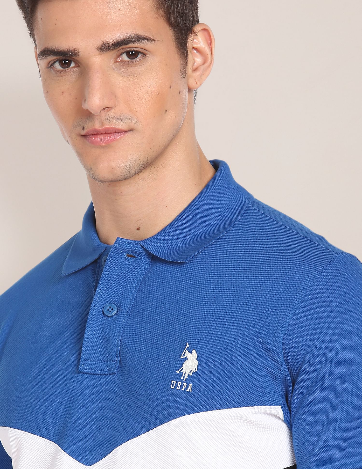 Colour Block Cotton Polo Shirt Blue and Black - U.S. Polo Assn. India | Large