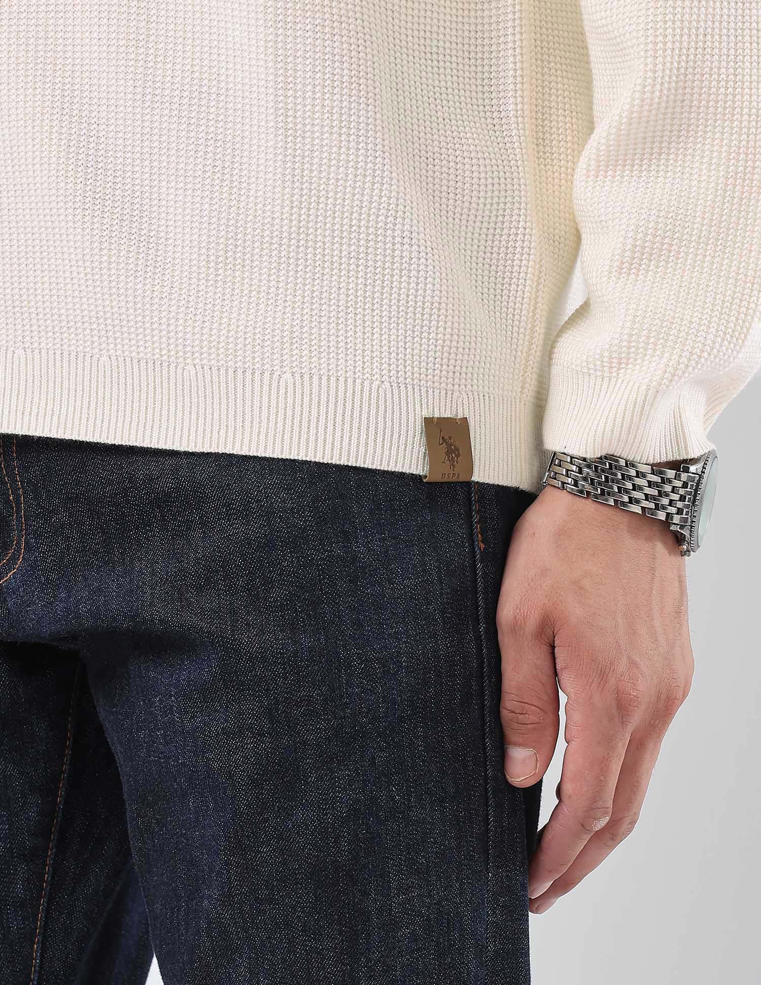 Patterned Knit Polo Neck Sweater Off White - U.S. POLO ASSN. | Large