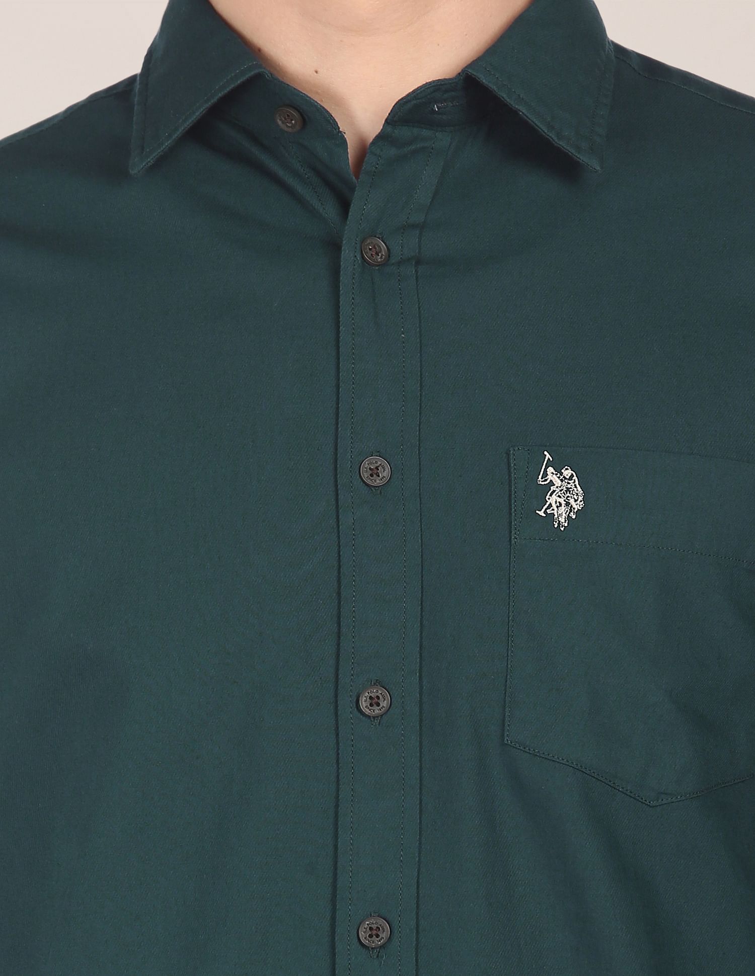 Men Dark Green Spread Collar Solid Casual Shirt Dark Green - U.S. POLO ASSN. | Large