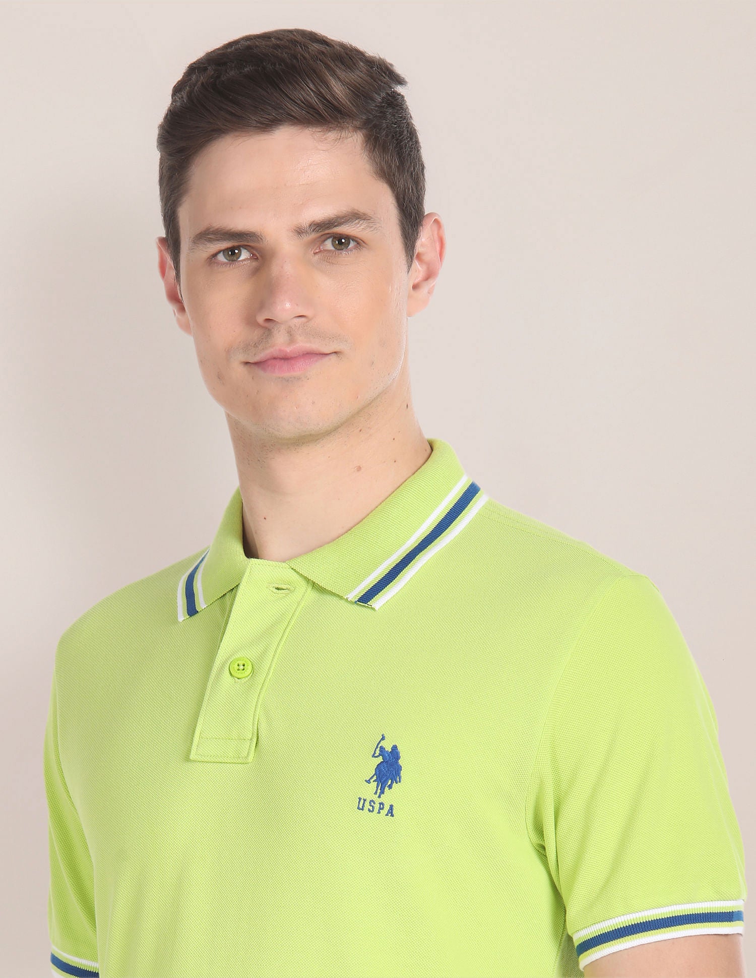 Striped Collar Solid Polo Shirt Green - U.S. POLO ASSN. | Large