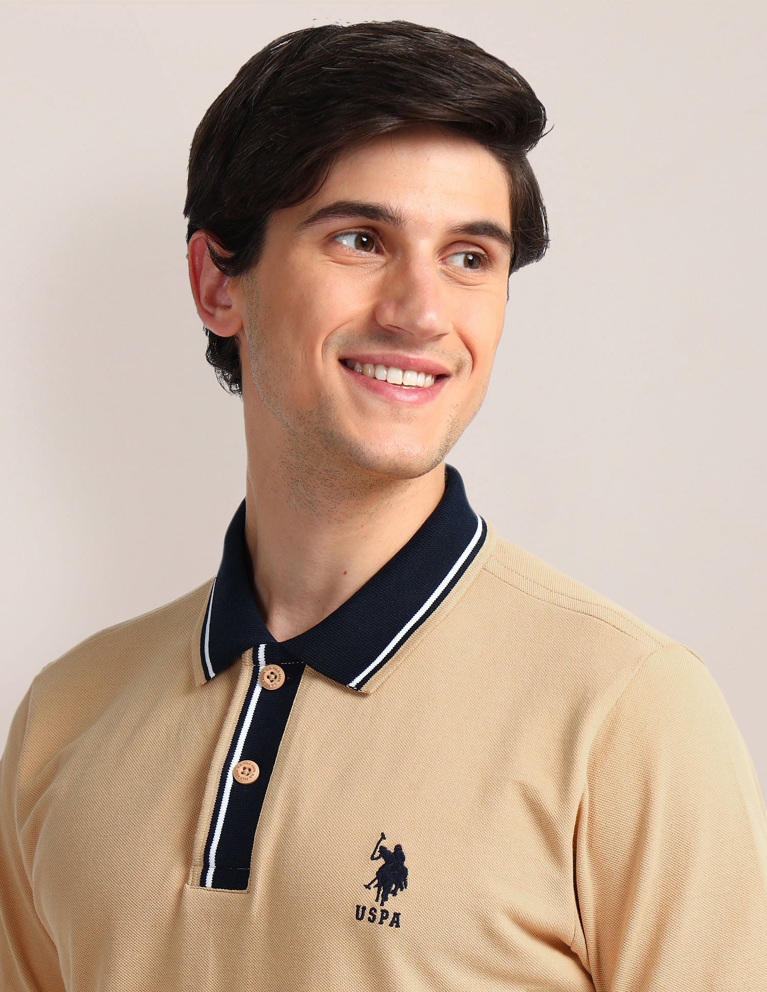 Contrast Collar Slim Polo Shirt Beige - U.S. Polo Assn. India | Large