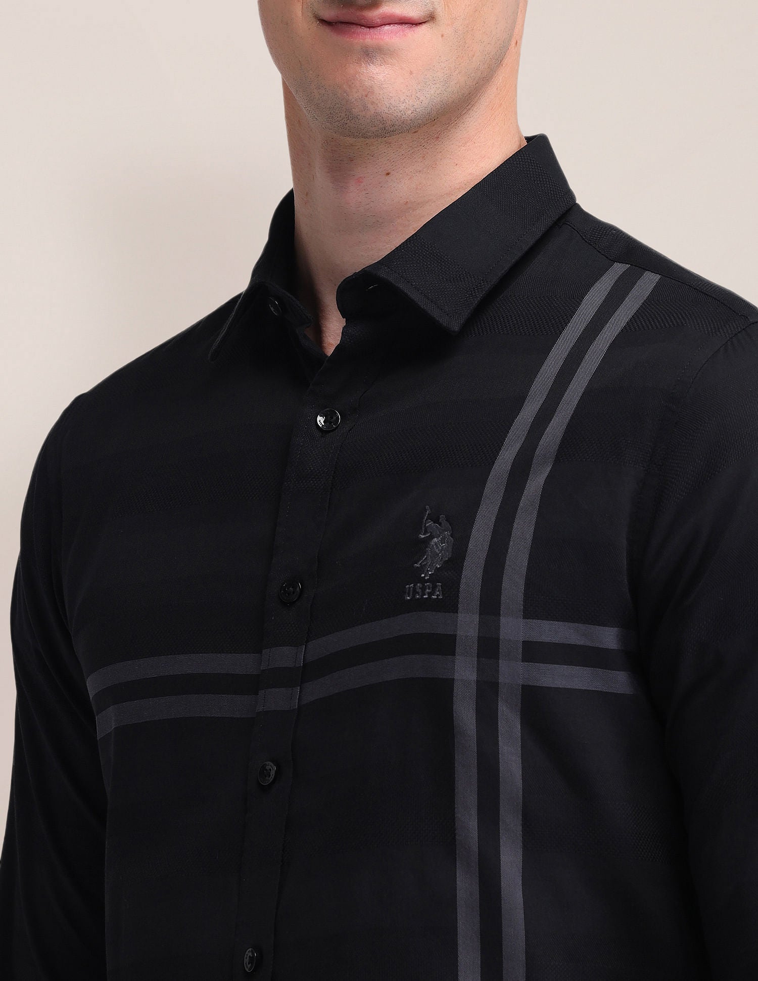 Horizontal Striped Dobby Weave Shirt Black - U.S. Polo Assn. India | Large