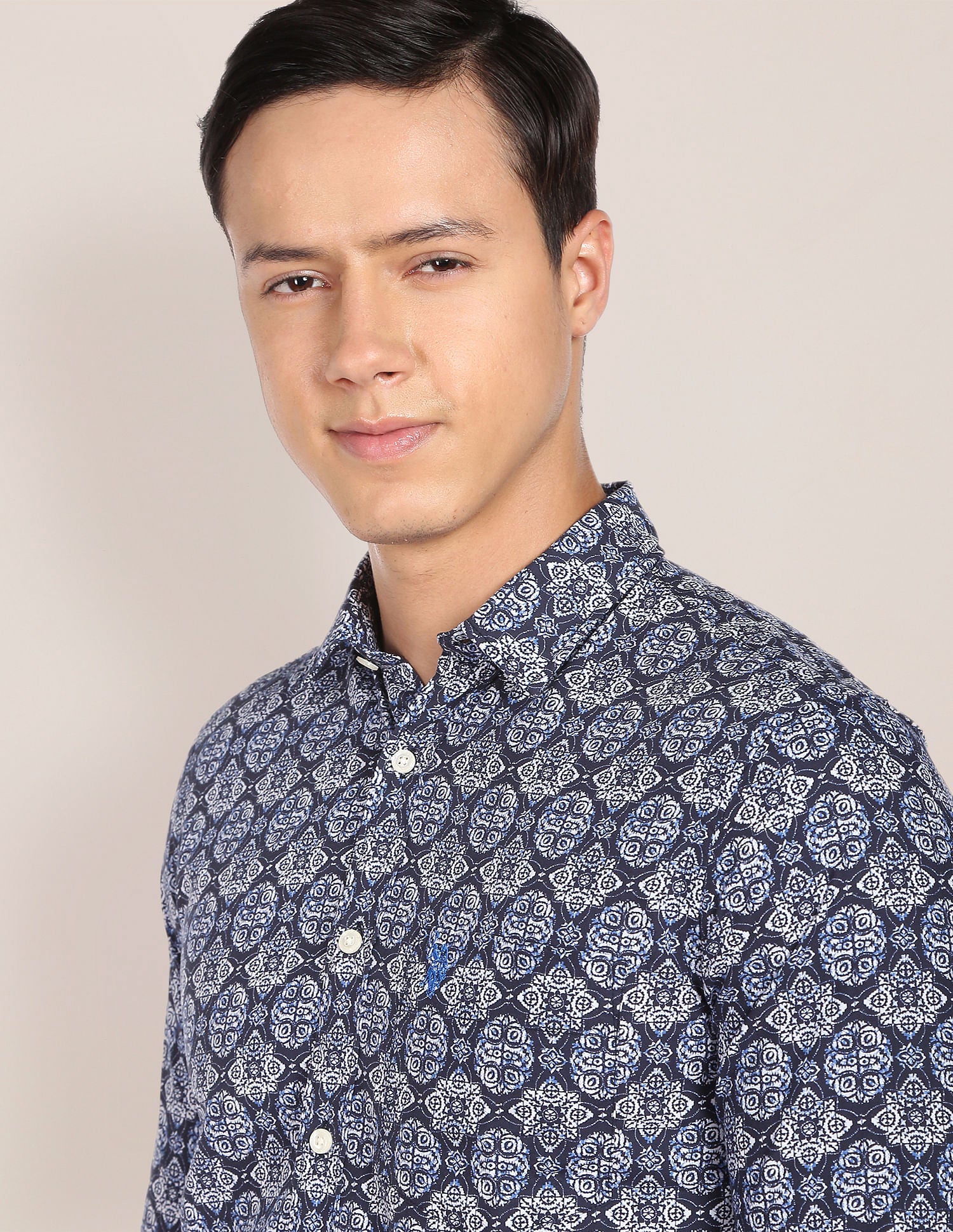 Spread Collar Printed Cotton Casual Shirt Navy - U.S. POLO ASSN. | Large