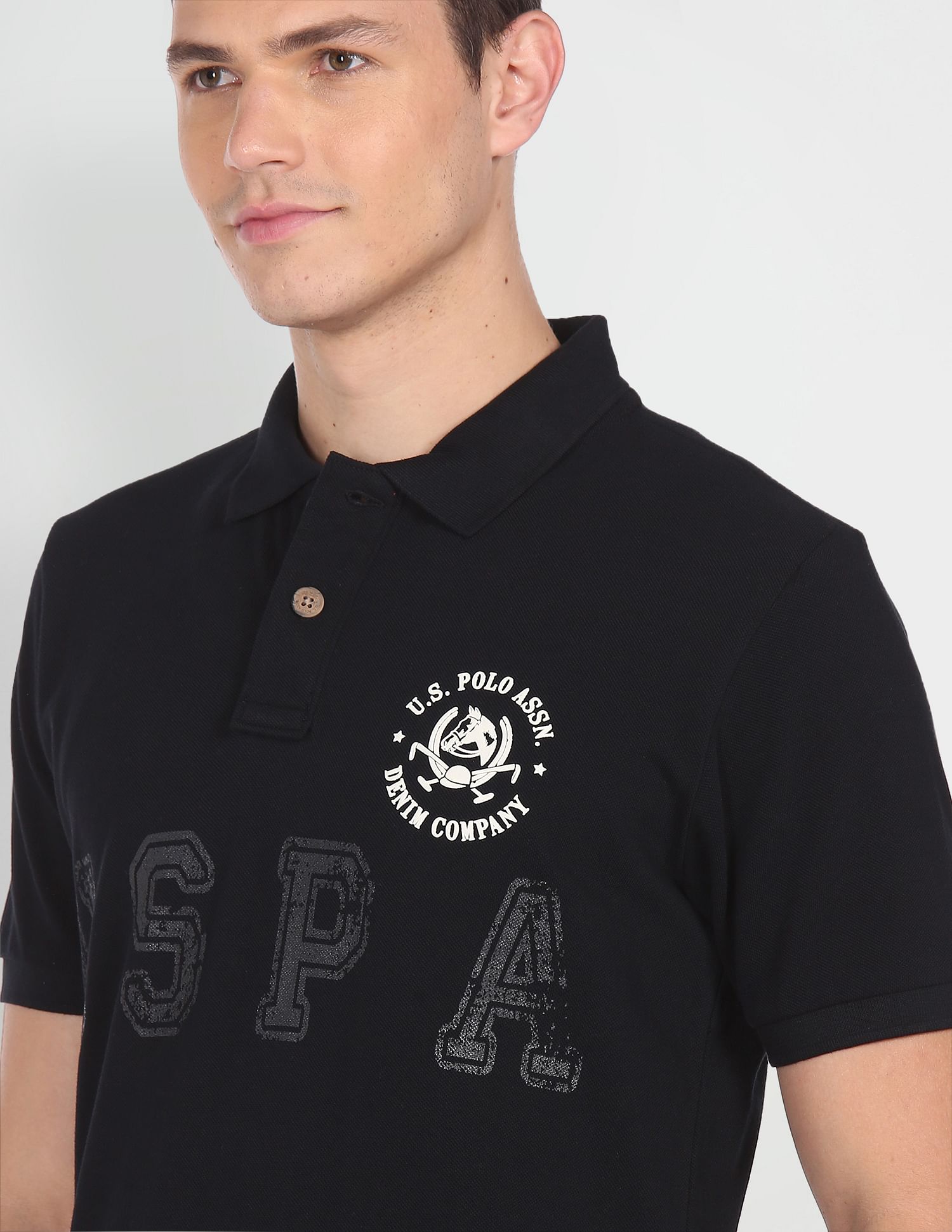 Brand Print Cotton Polo Shirt Black - U.S. POLO ASSN. | Large