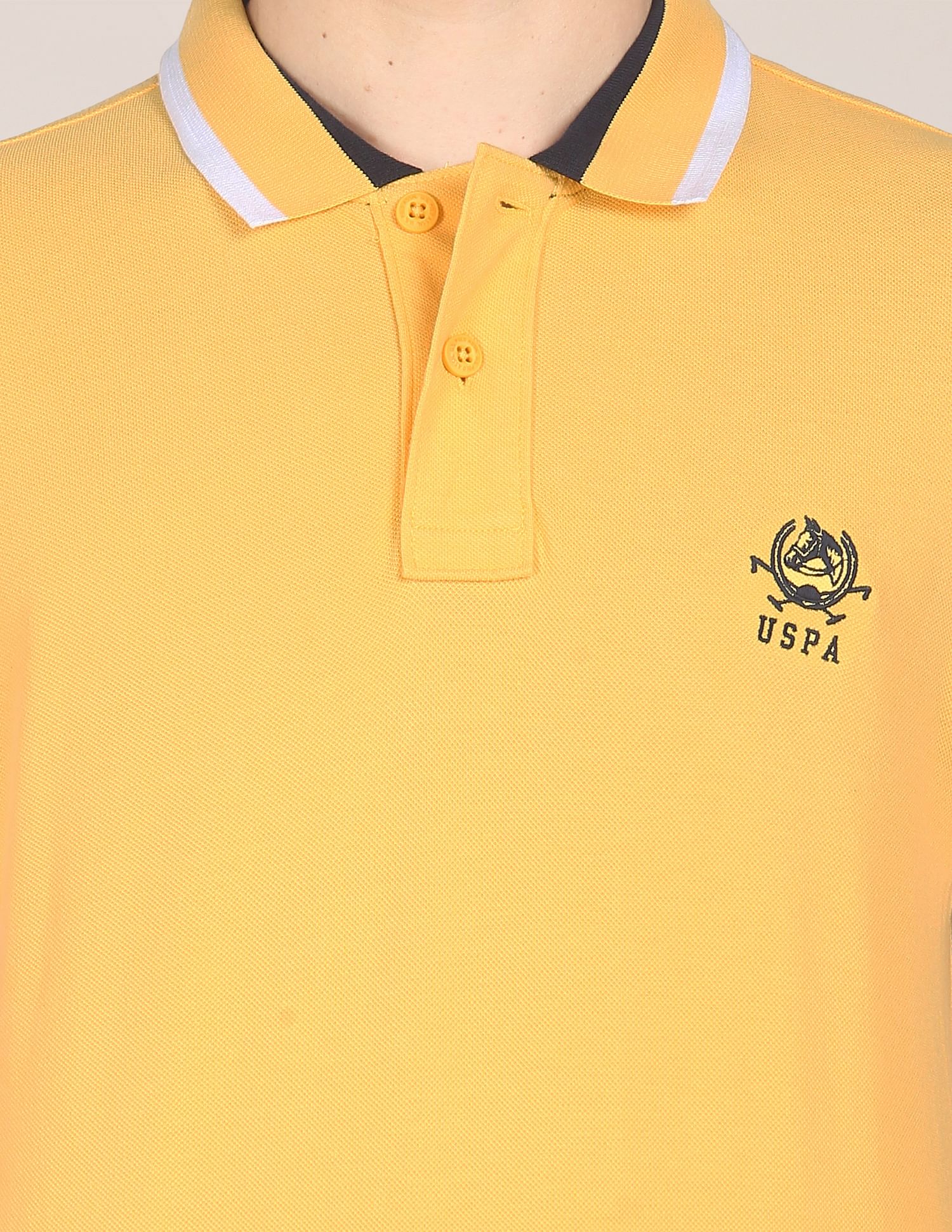 Men Yellow Cotton Solid Polo Shirt Yellow - U.S. Polo Assn. India | Large
