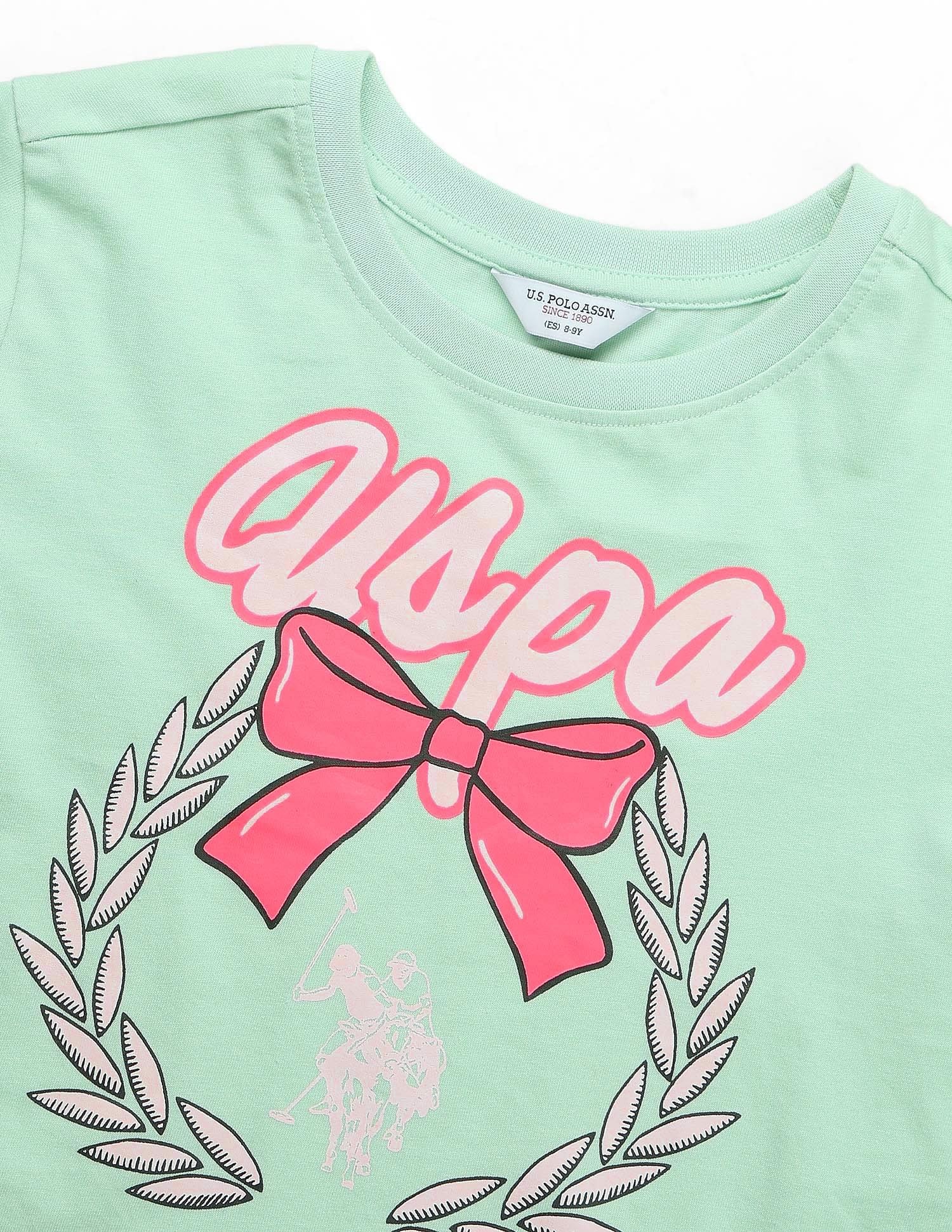 Girls Bow Print Relaxed Fit T-Shirt Mint - U.S. POLO ASSN. | Large