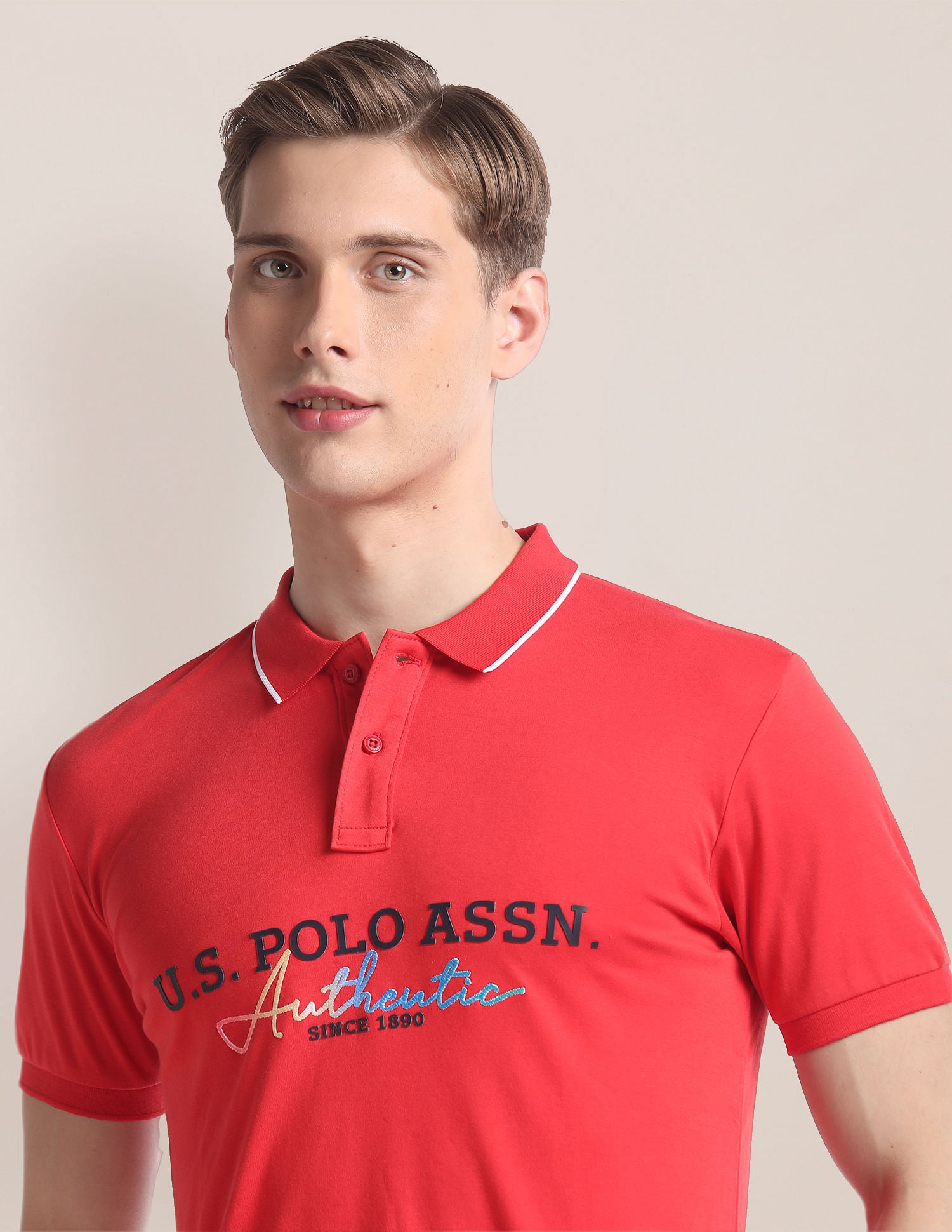 Brand Print Slim Polo Shirt Red - U.S. Polo Assn. India | Large