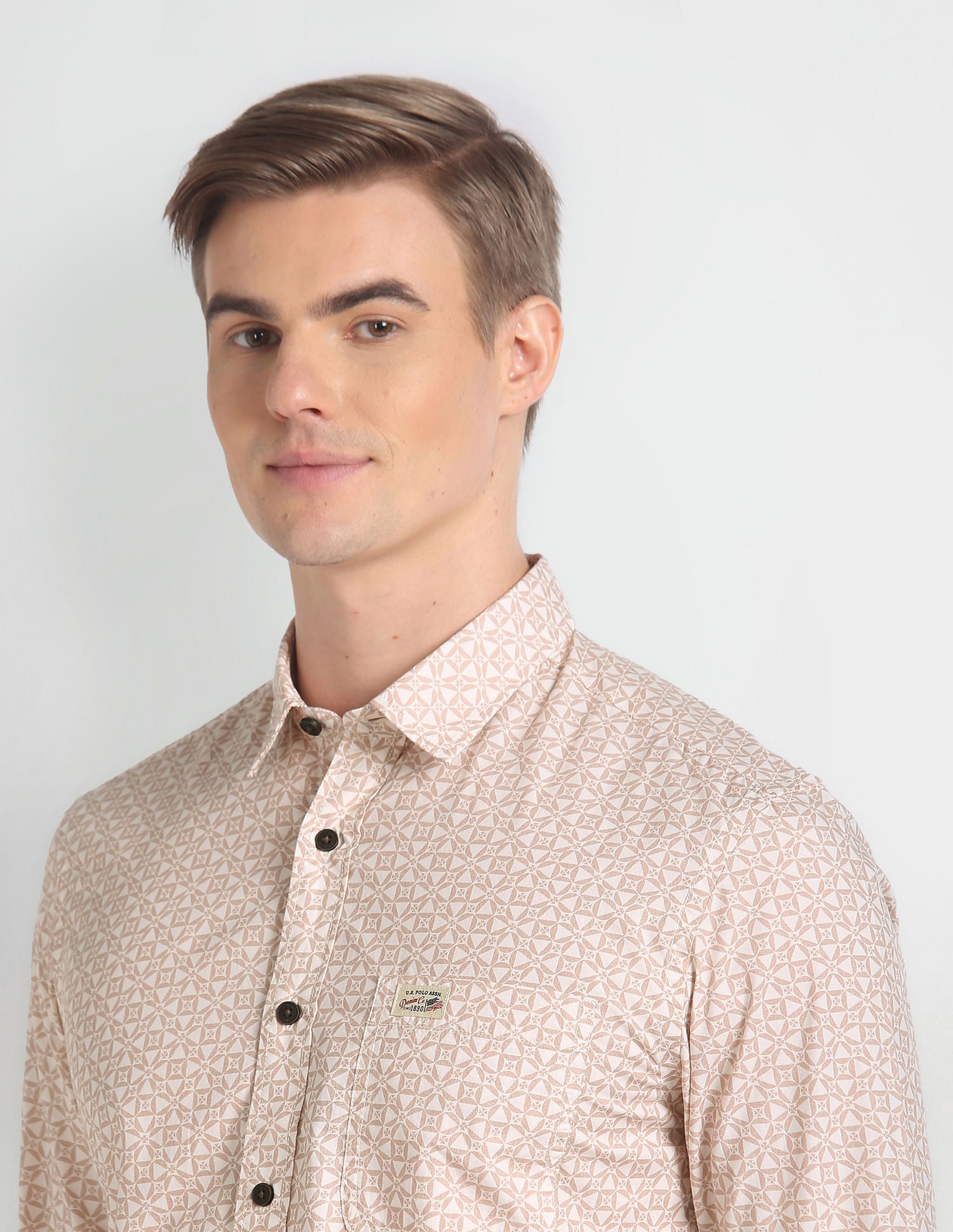 Cutaway Collar Geometric Print Shirt Mustard - U.S. Polo Assn. India | Large