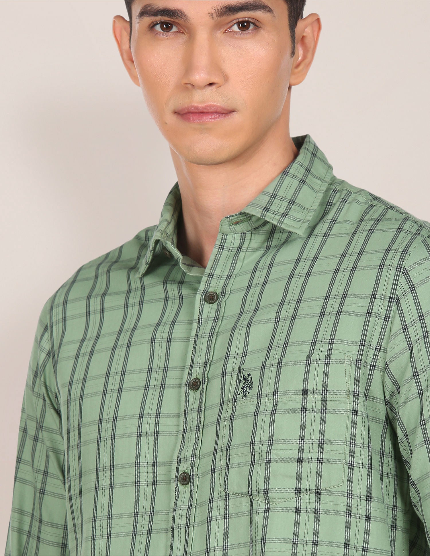 Men Green Pure Cotton Check Casual Shirt Green - U.S. POLO ASSN. | Large