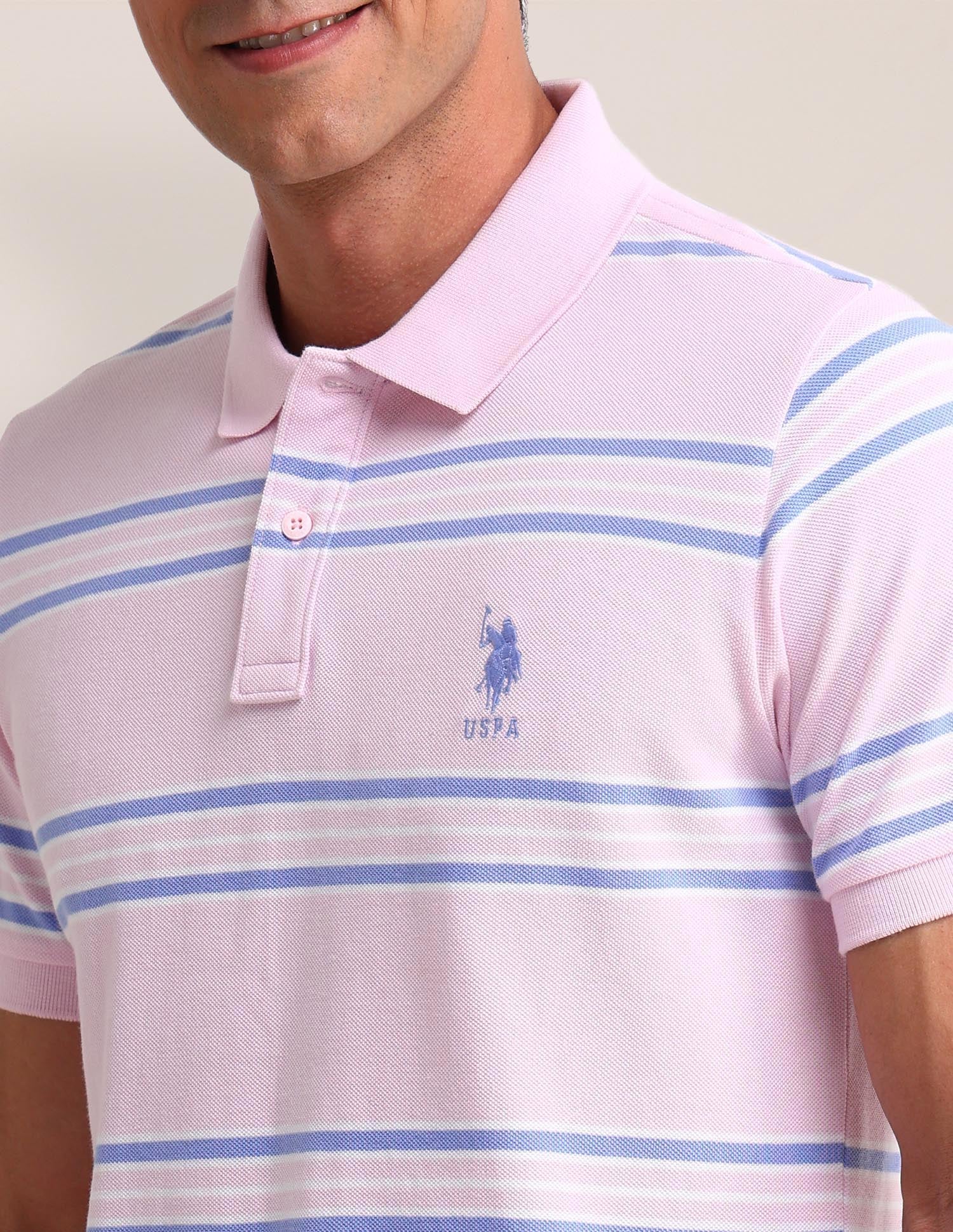 Horizontal Striped Cotton Polo Shirt Pink - U.S. Polo Assn. India | Large