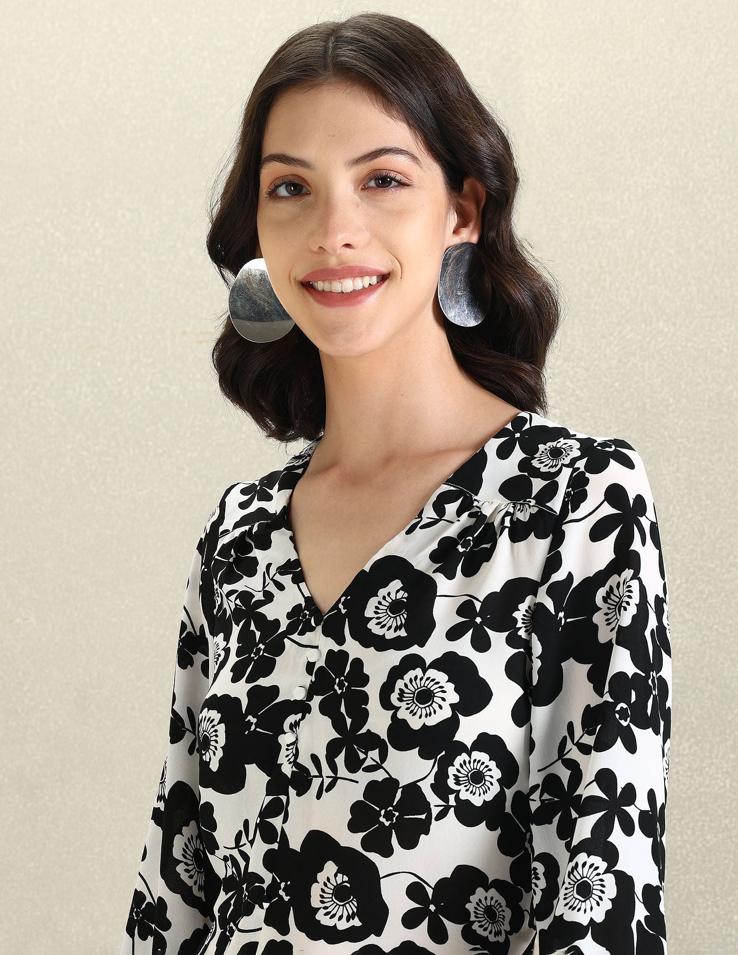 Floral Print V-Neck Top Black and White - U.S. POLO ASSN. | Large