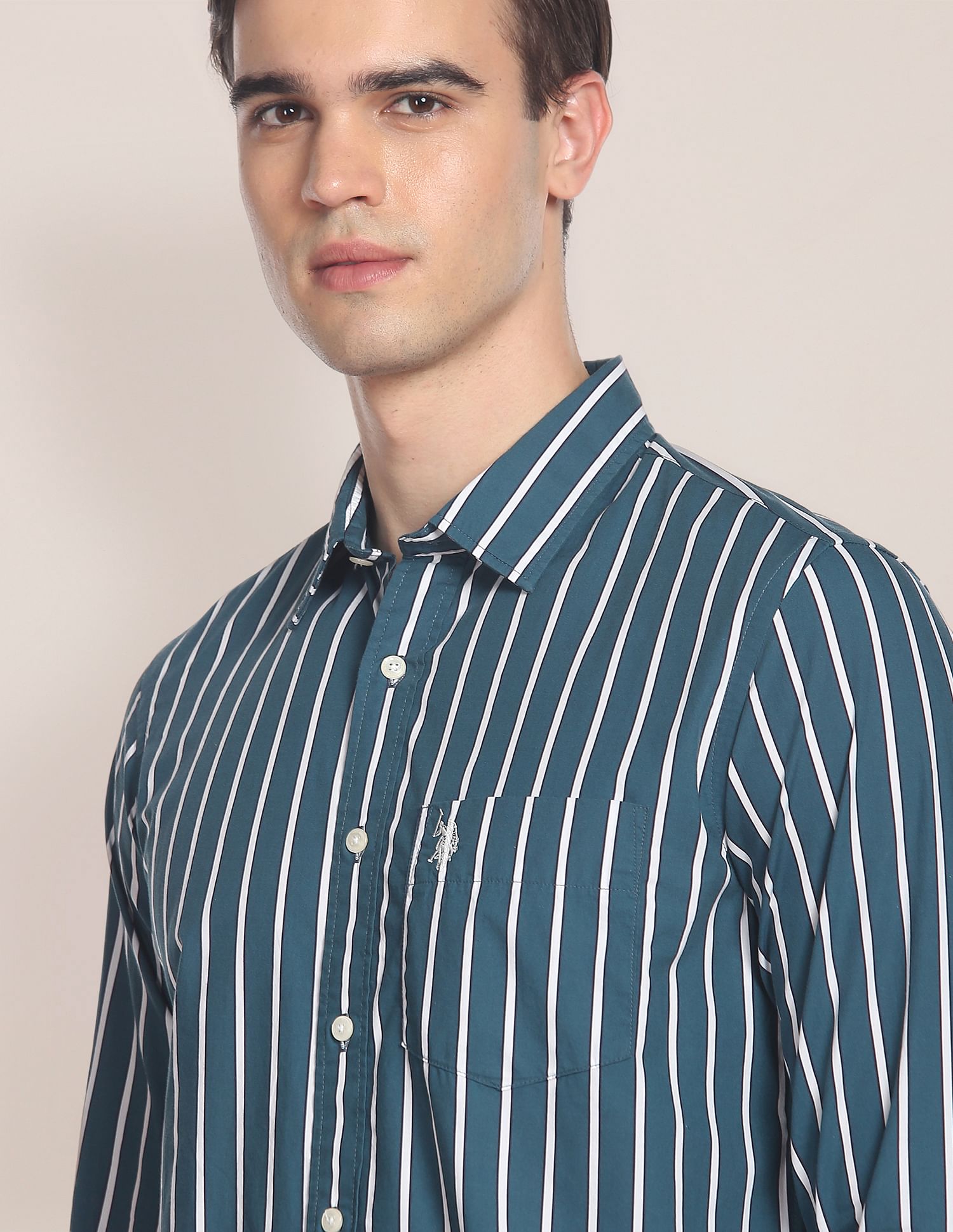 Spread Collar Striped Casual Shirt Teal - U.S. POLO ASSN. | Large