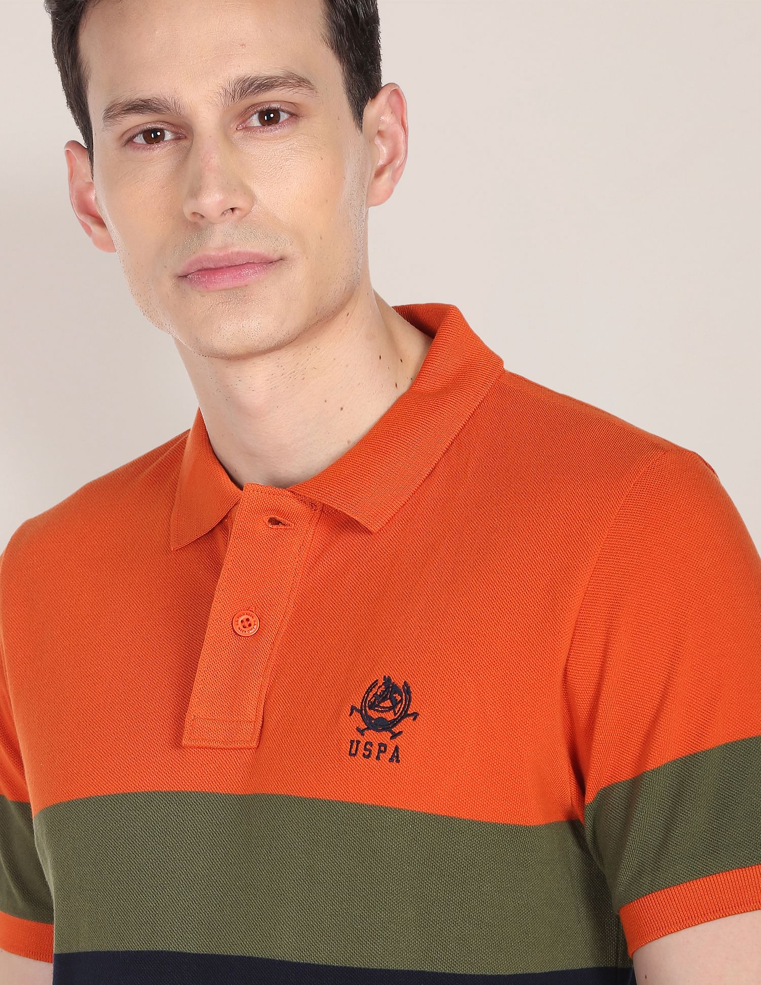 Horizontal Stripe Cotton Polo Shirt Orange, Olive and Navy - U.S. POLO ASSN. | Large