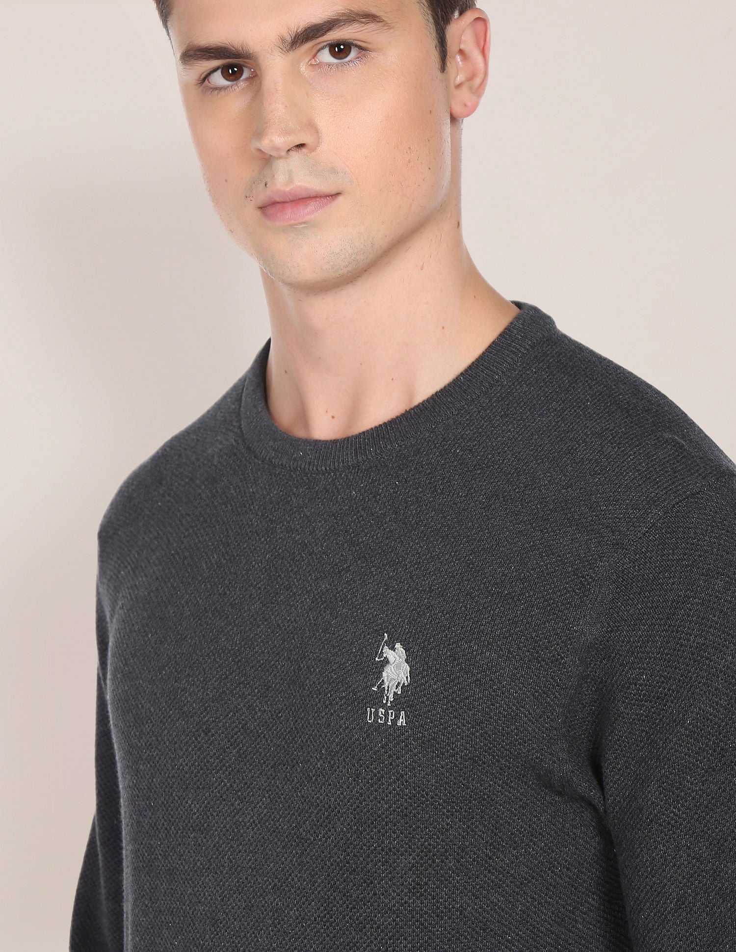 Crew Neck Striped Sleeve Textured Cotton Sweater Charcoal - U.S. Polo Assn. India | Large