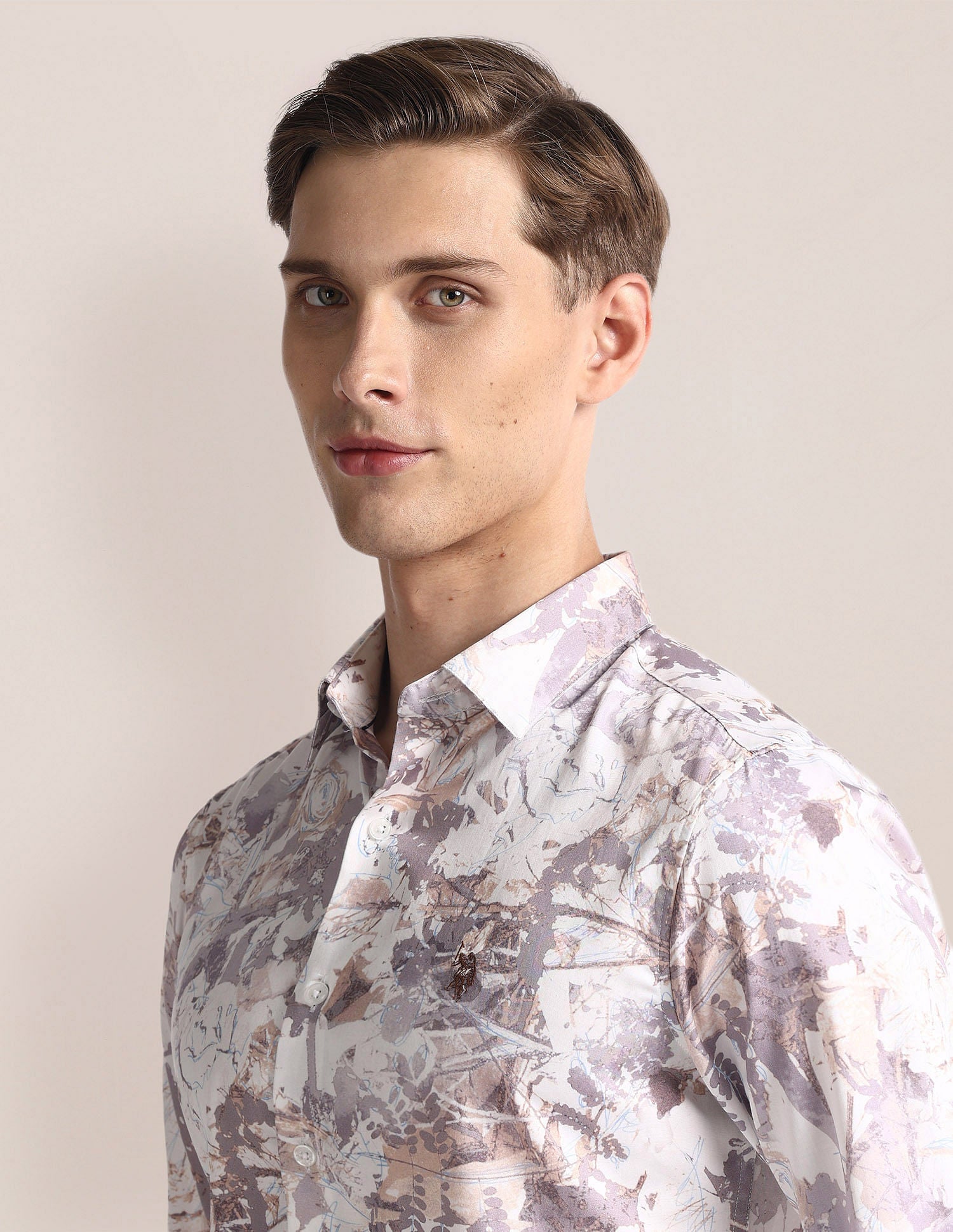Floral Print Tailored Fit Shirt Khaki and White - U.S. Polo Assn. India | Large