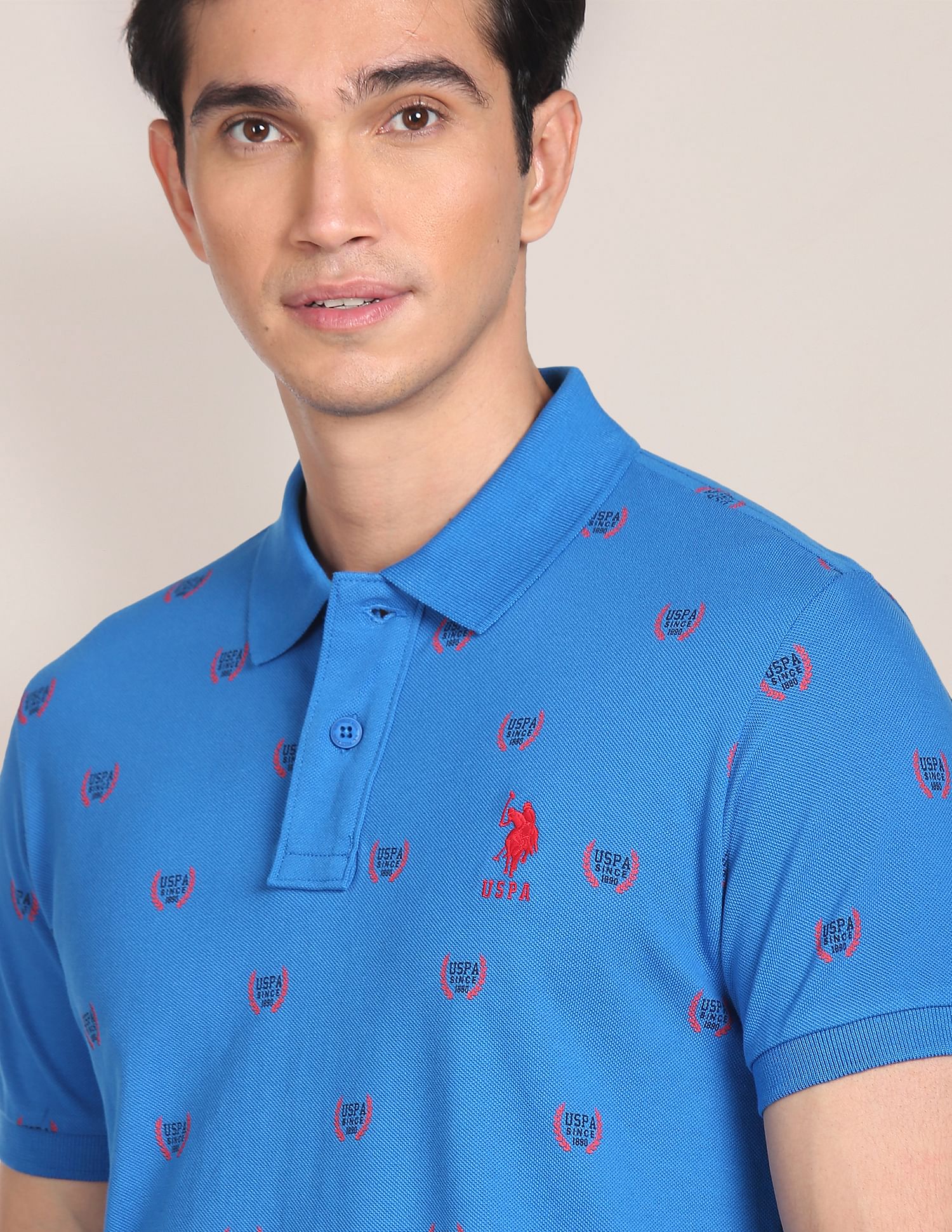 All Over Branding Cotton Polo Shirt Blue - U.S. Polo Assn. India | Large