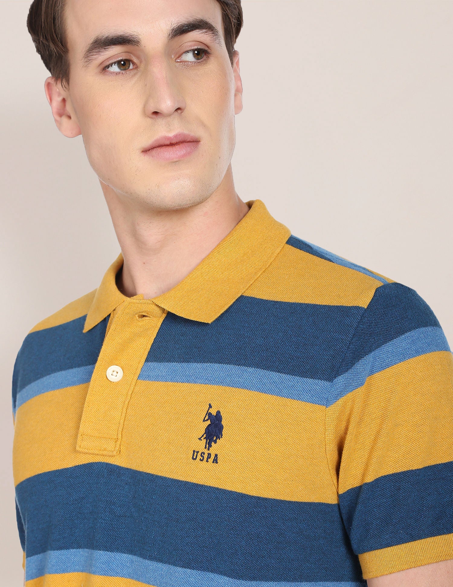 Ribbed Collar Horizontal Striped Polo Shirt Mustard and Blue - U.S. Polo Assn. India | Large