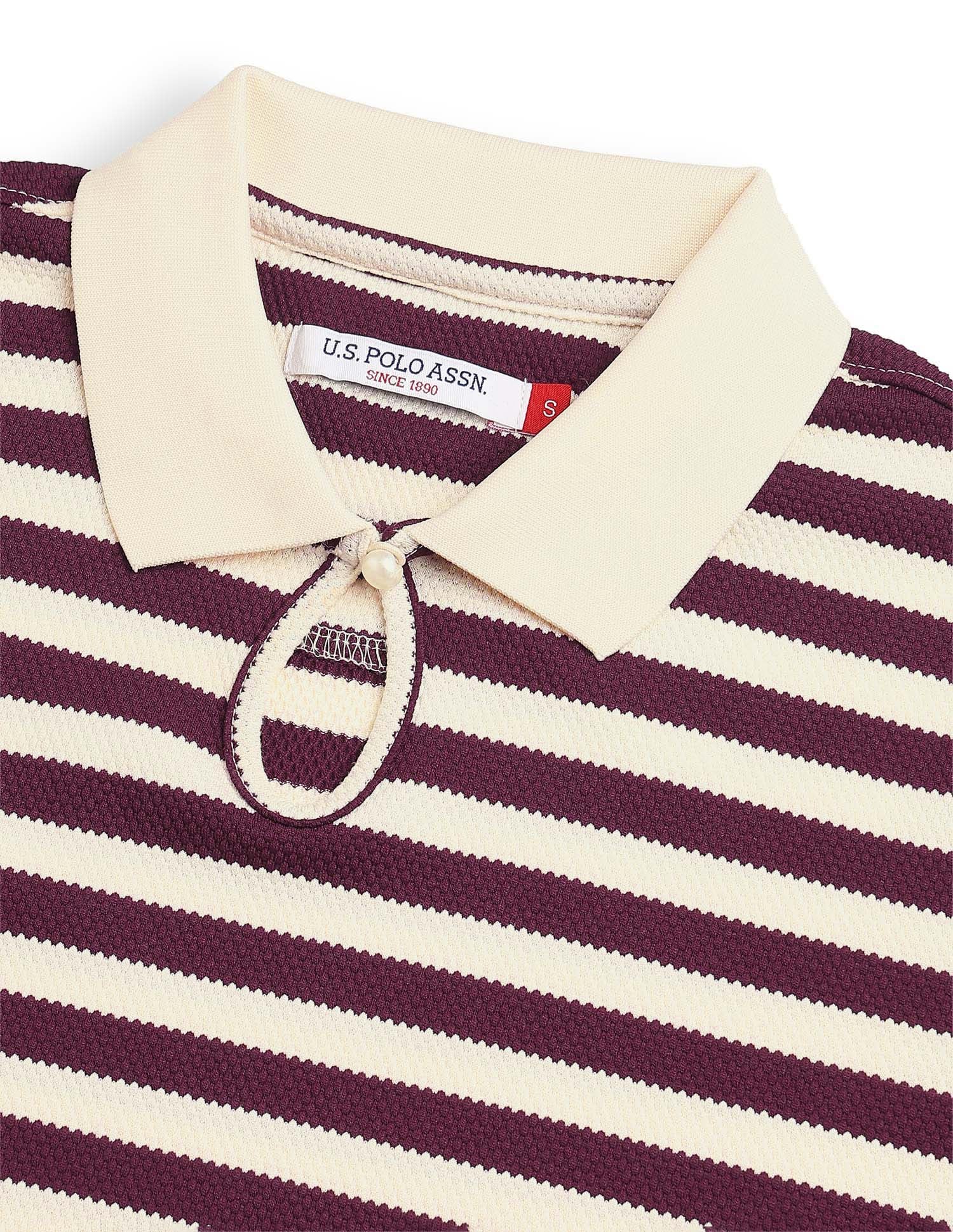 Horizontal Striped Key Hole Polo Shirt Wine - U.S. Polo Assn. India | Large