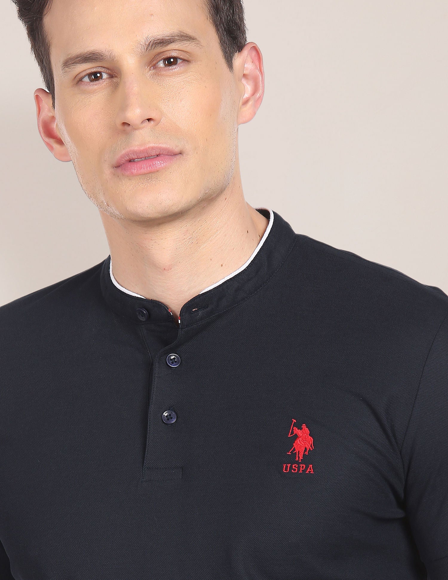Mandarin Collar Brand Logo Polo Shirt Navy - U.S. Polo Assn. India | Large