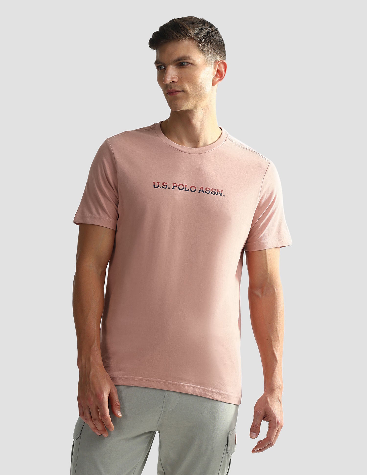 Brand Print Cotton OEE02 Lounge T-Shirt - Pack Of 2 Pastle Pink and Grey Mel - U.S. POLO ASSN. | Large