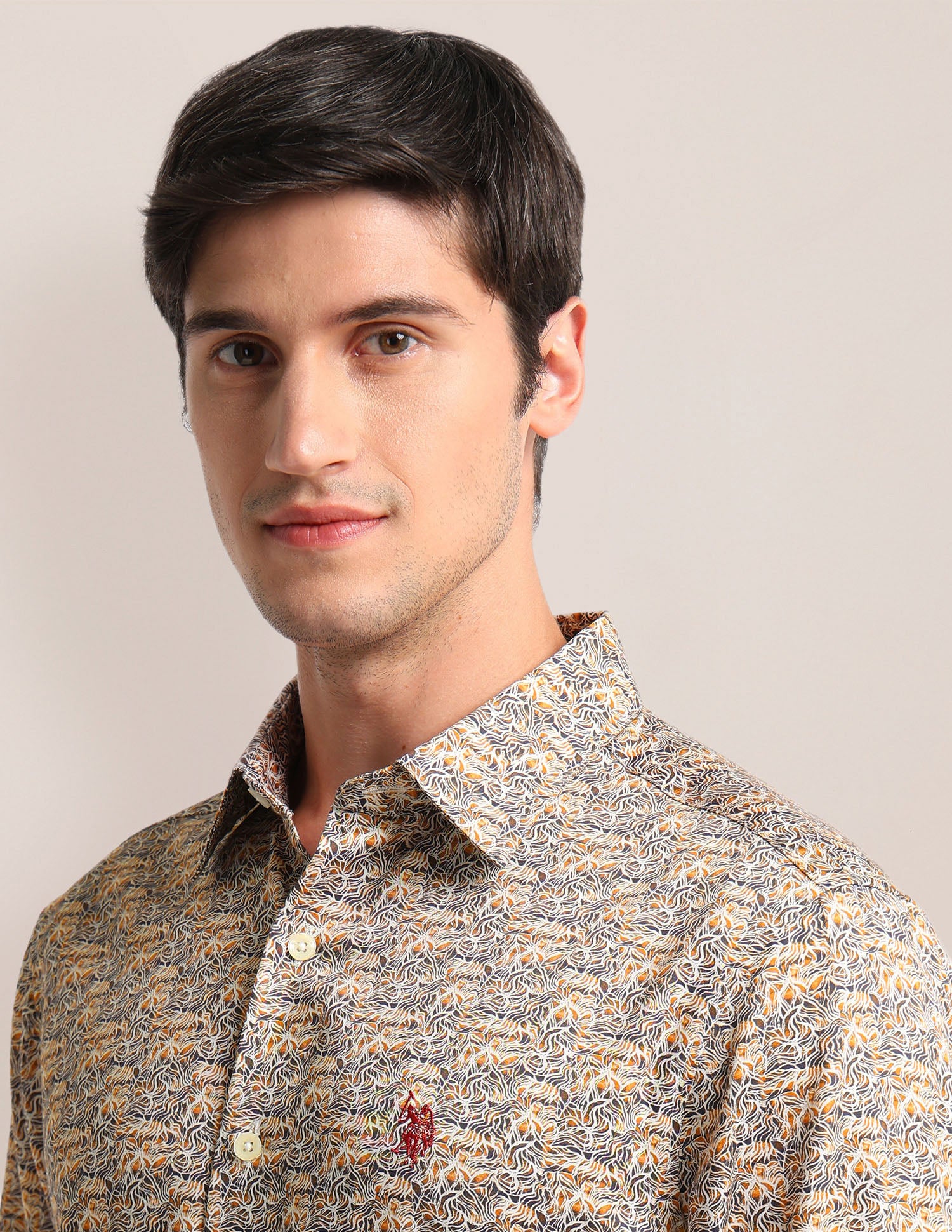 Abstract Print Sateen Shirt Khaki - U.S. POLO ASSN. | Large