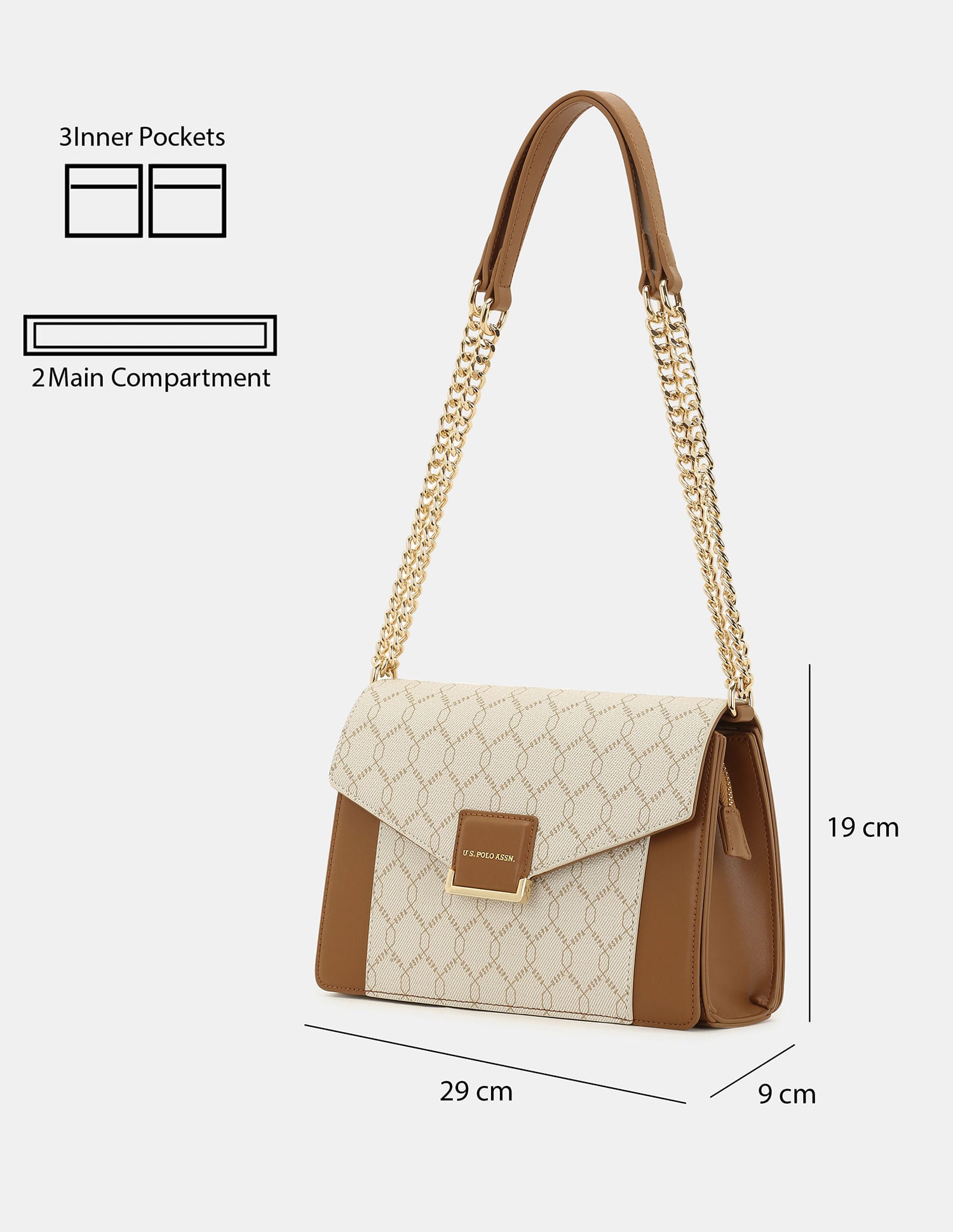 Women Birdy Sling Bag with Monogram Print Beige - U.S. POLO ASSN. | Large