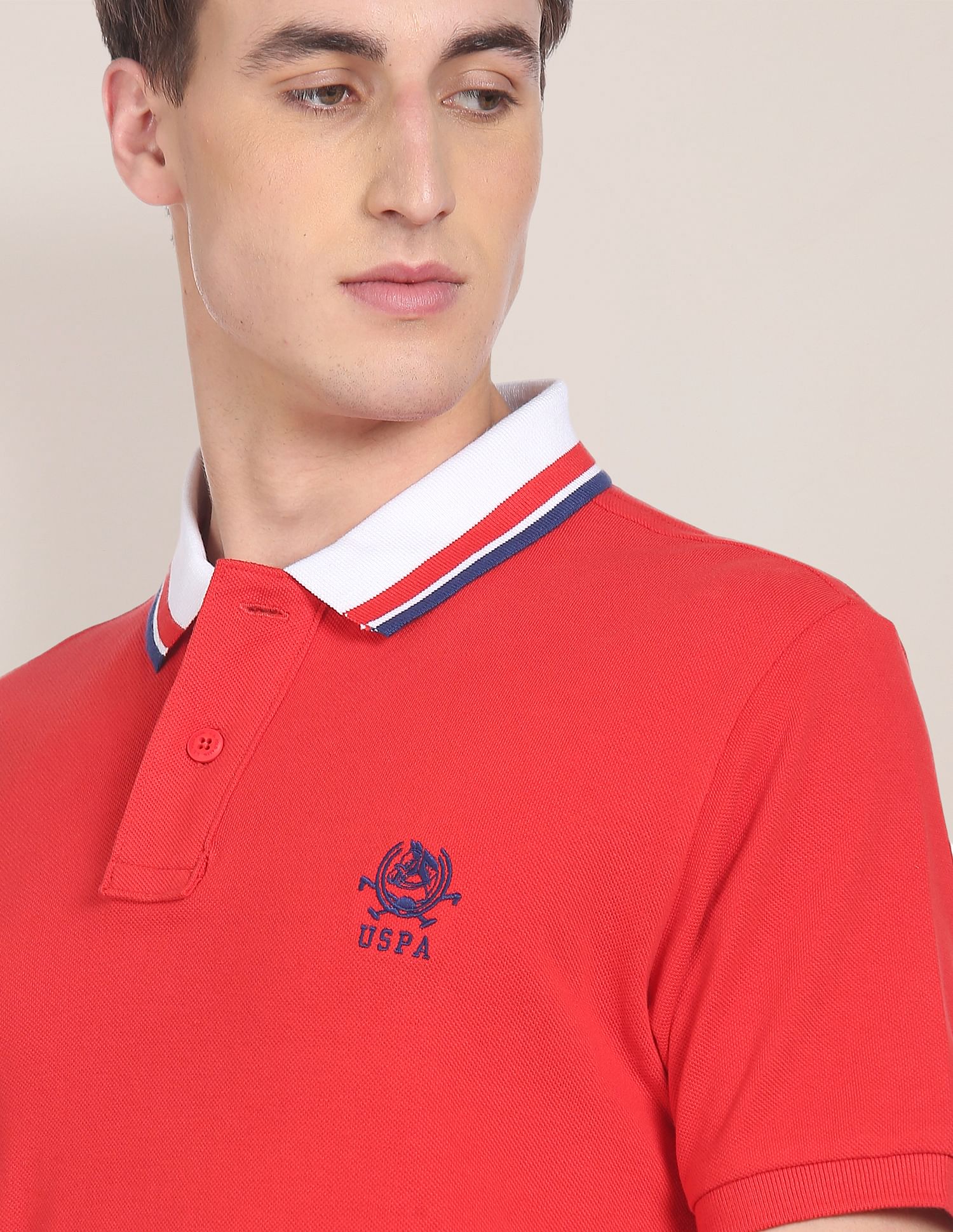 Ribbed Collar Brand Logo Polo Shirt Red - U.S. POLO ASSN. | Large