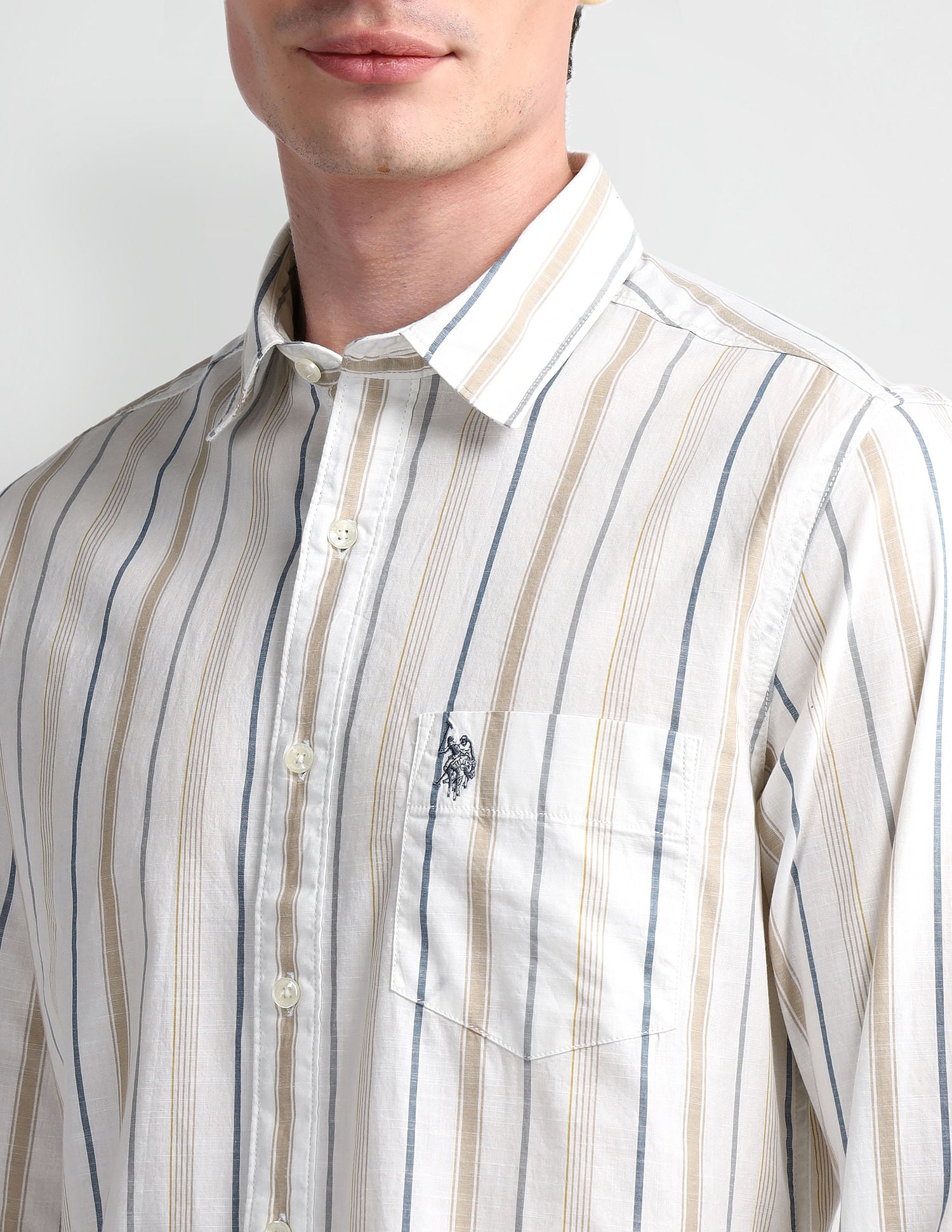 Slim Fit Vertical Striped Shirt Beige - U.S. Polo Assn. India | Large