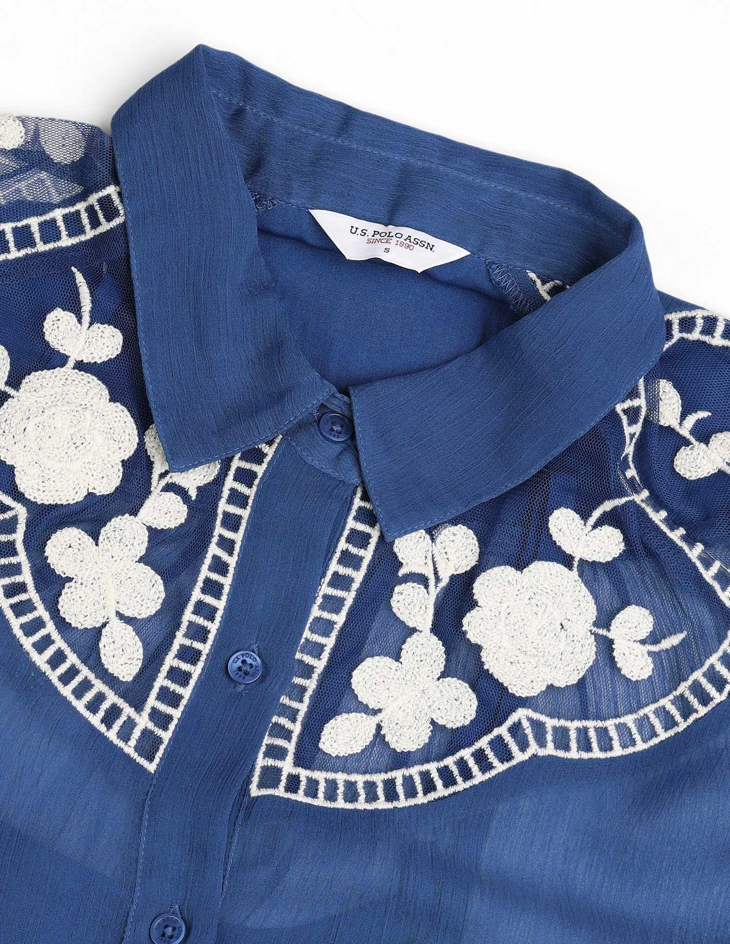 Chiffon Sheer Floral Embroidered Shirt Blue - U.S. Polo Assn. India | Large