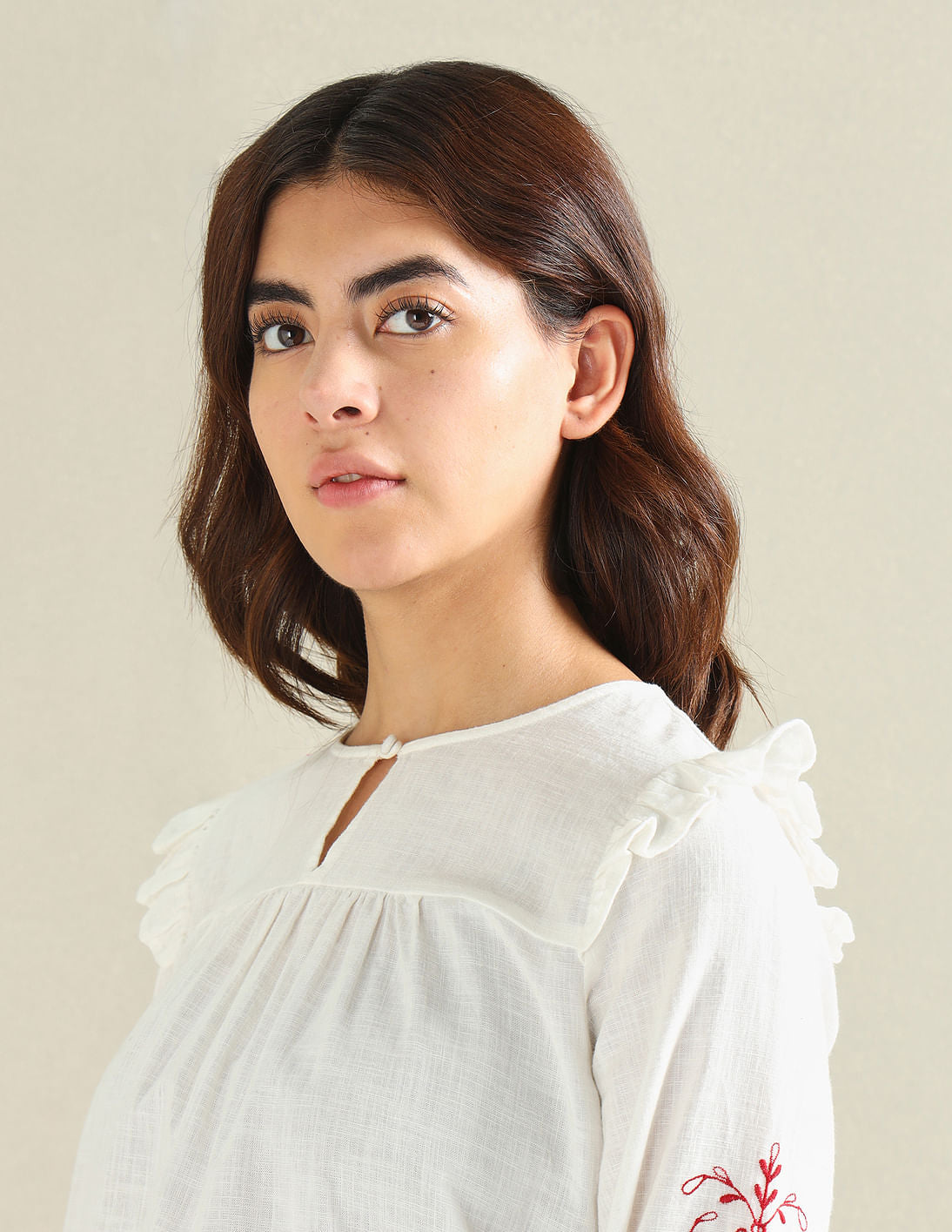 Embroidered Sleeve Cotton Flax Top White - U.S. Polo Assn. India | Large