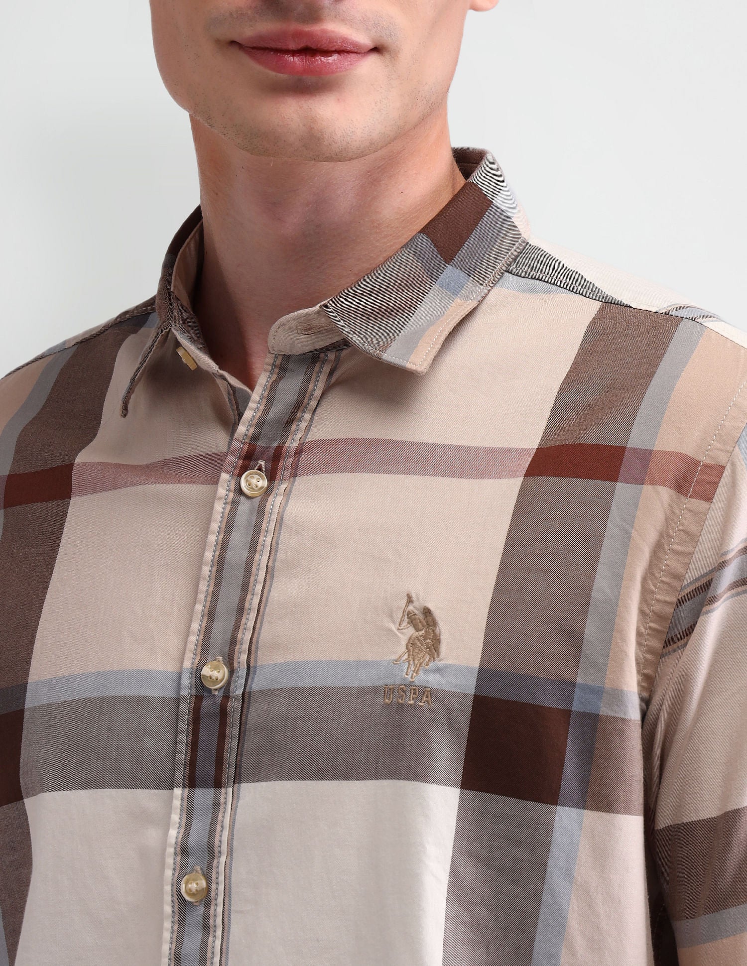 Grid Tattersall Checked Slim Fit Shirt Beige - U.S. Polo Assn. India | Large
