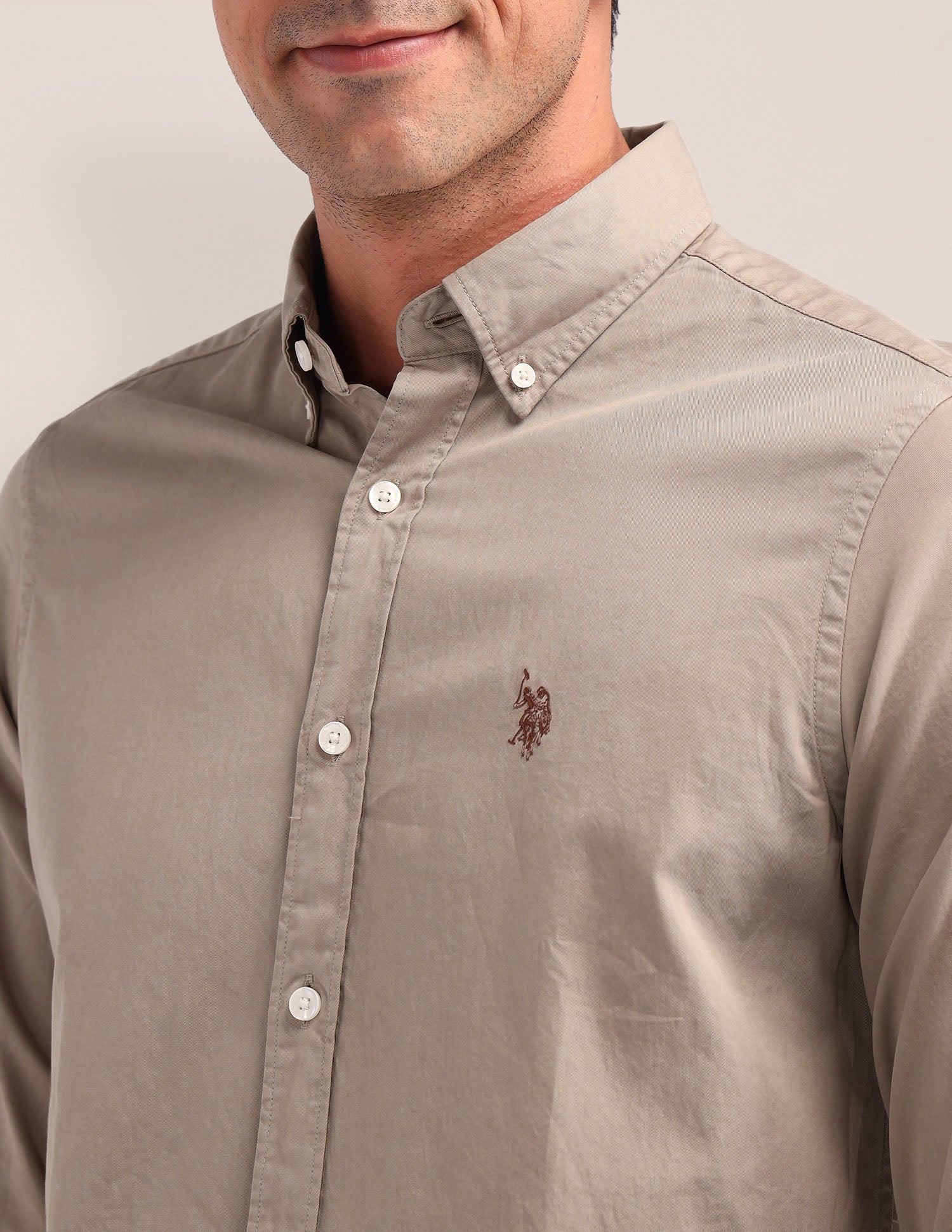 Solid Pattern Twill Shirt Beige - U.S. POLO ASSN. | Large