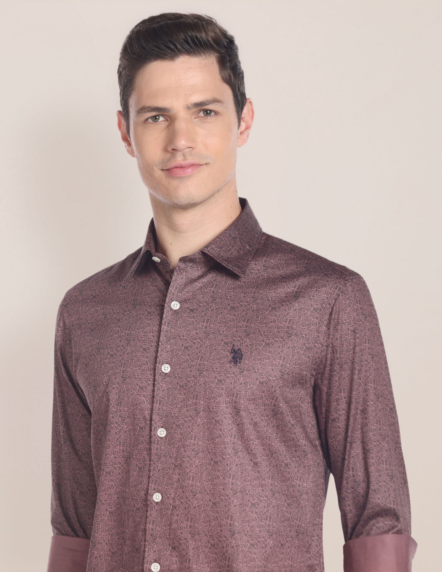 Cutaway Collar Geometric Print Shirt Brown - U.S. POLO ASSN. | Large