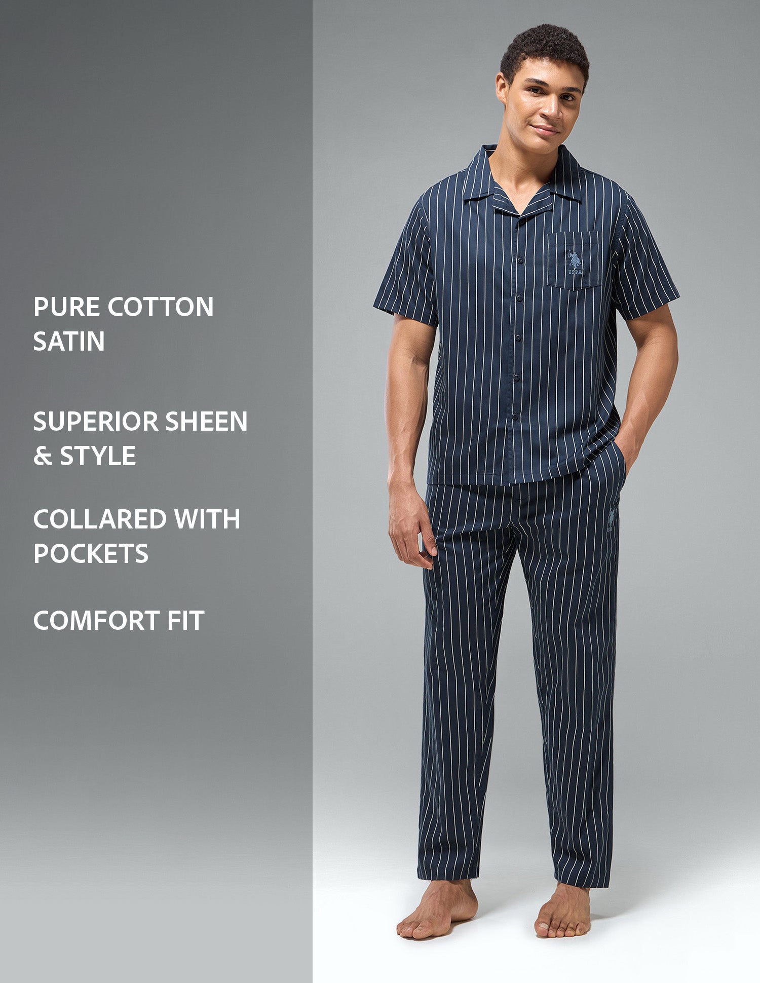 Pure Cotton Striped OESS03 Sleep Set Navy - U.S. Polo Assn. India | Large