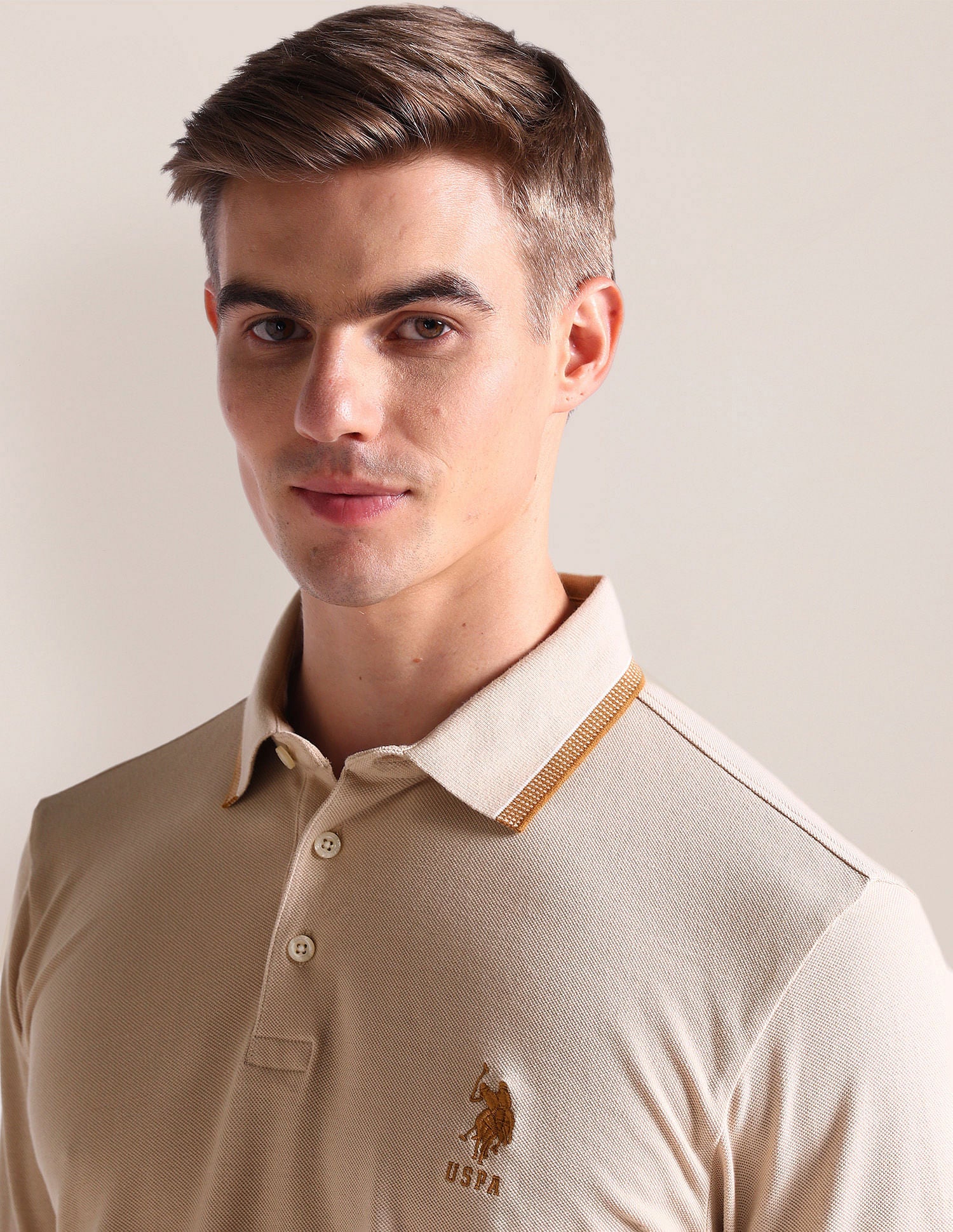 Solid Slim Fit Polo Shirt Beige - U.S. Polo Assn. India | Large