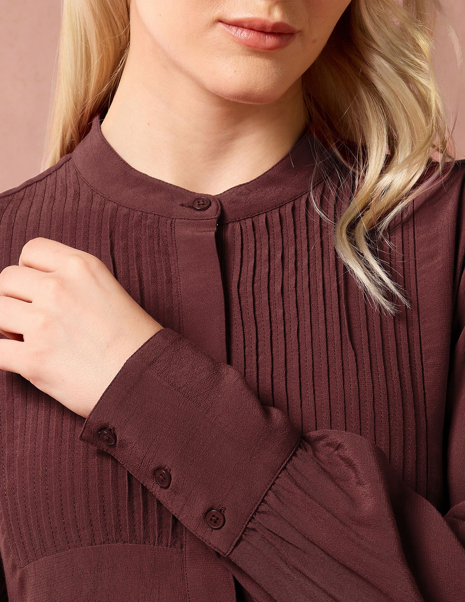 Mandarin Collar Pintucked Top Maroon - U.S. POLO ASSN. | Large