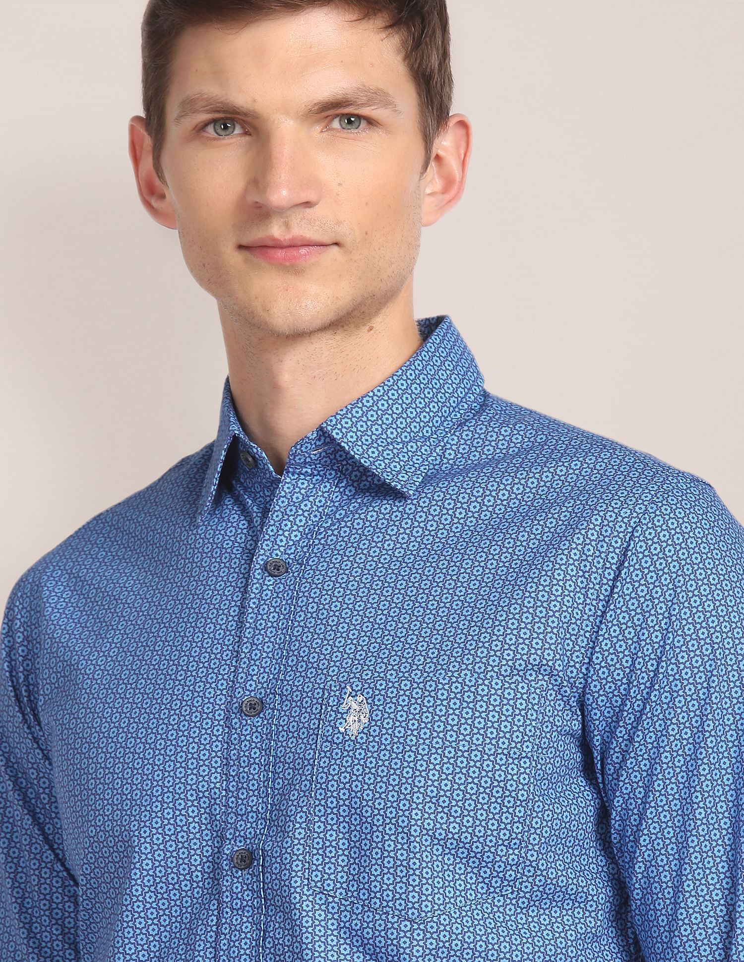 Spread Collar Printed Casual Shirt Blue - U.S. Polo Assn. India | Large
