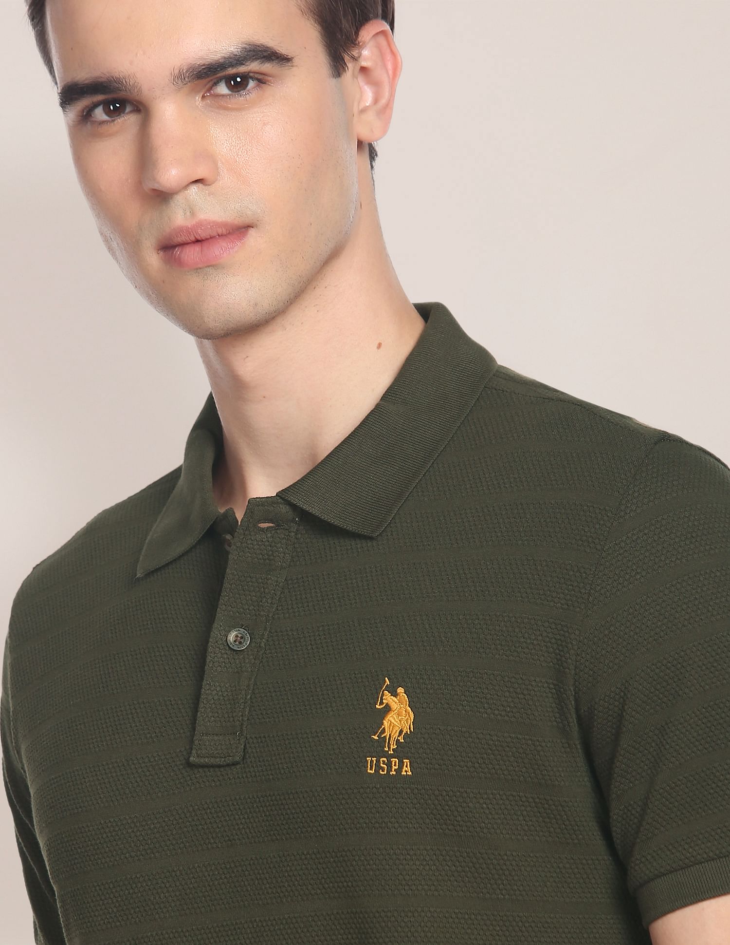 Horizontal Stripe Popcorn Polo Shirt Olive - U.S. Polo Assn. India | Large