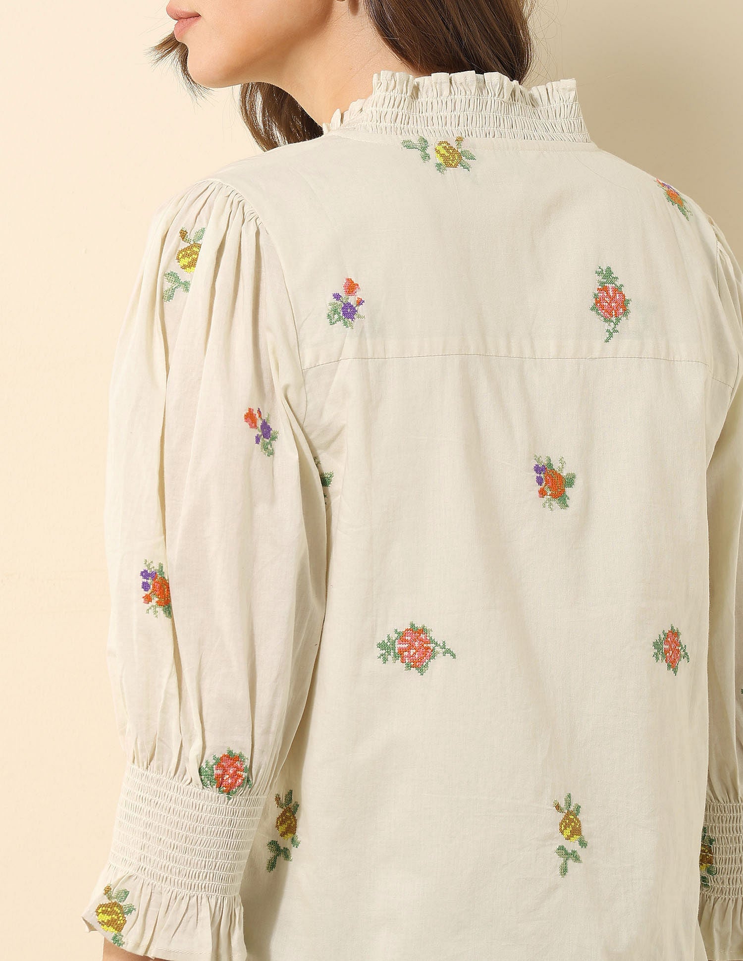 Floral Embroidered Ruffle Top Ecru - U.S. Polo Assn. India | Large