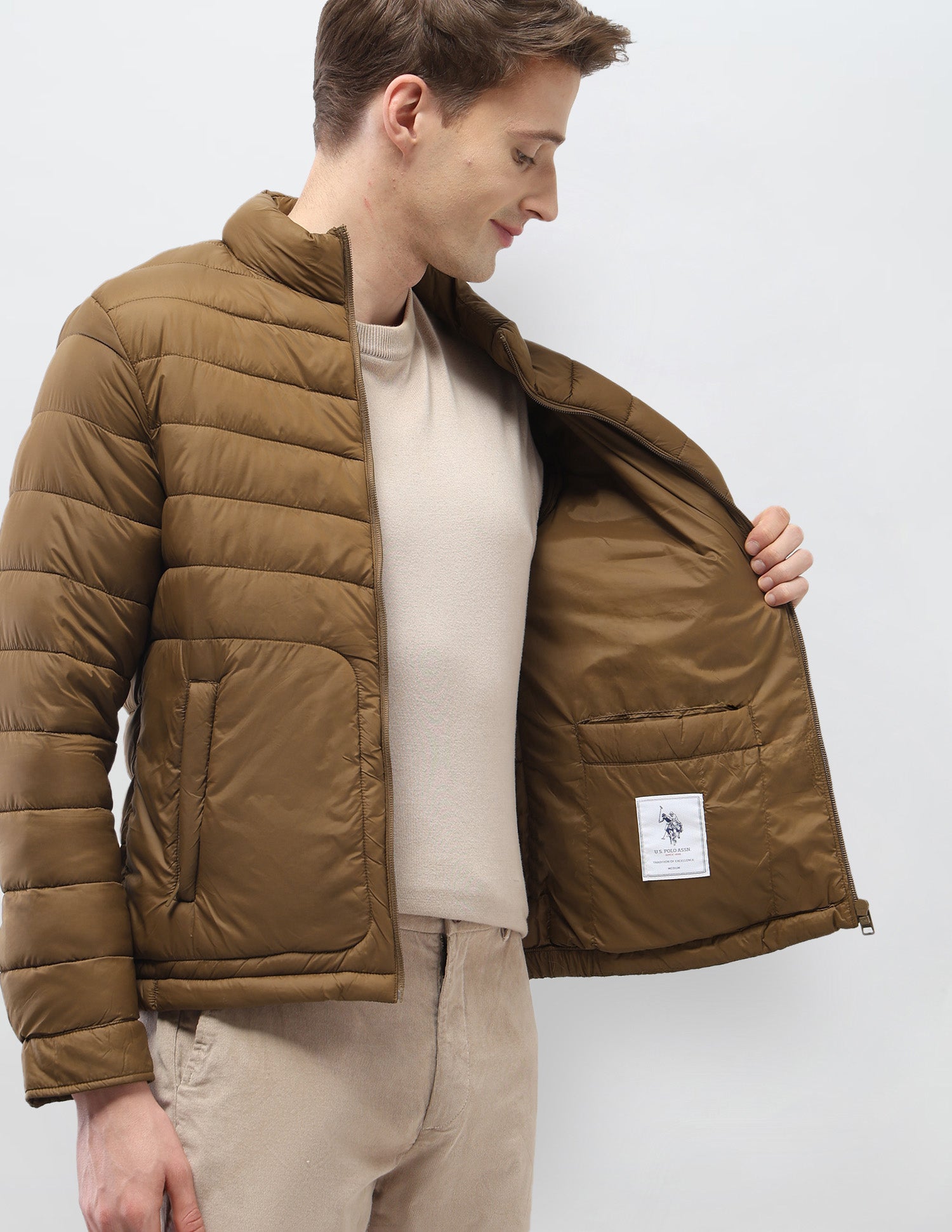 Solid Regular Fit Puffer Jacket Brown - U.S. Polo Assn. India | Large