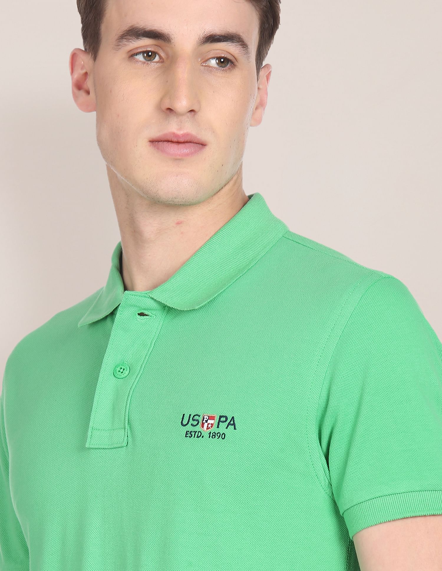 Ribbed Collar Pure Cotton Solid Polo Shirt Green - U.S. POLO ASSN. | Large