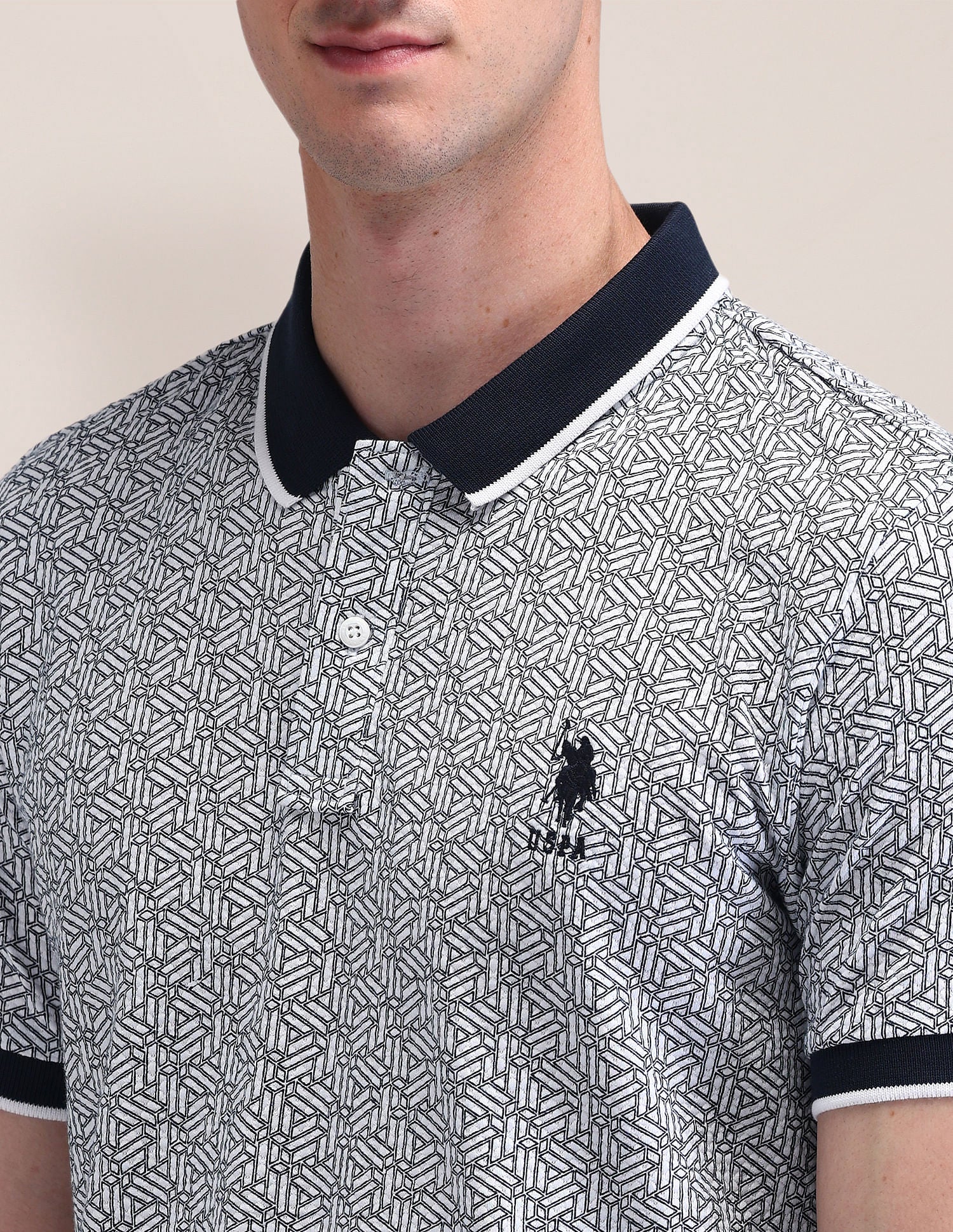 Slim Fit Geometric Polo Shirt Navy - U.S. Polo Assn. India | Large