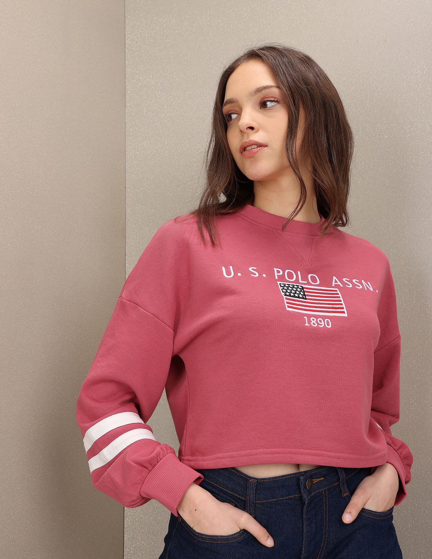 Crew Neck Brand Embroidered Sweatshirt Dark Pink - U.S. Polo Assn. India | Large