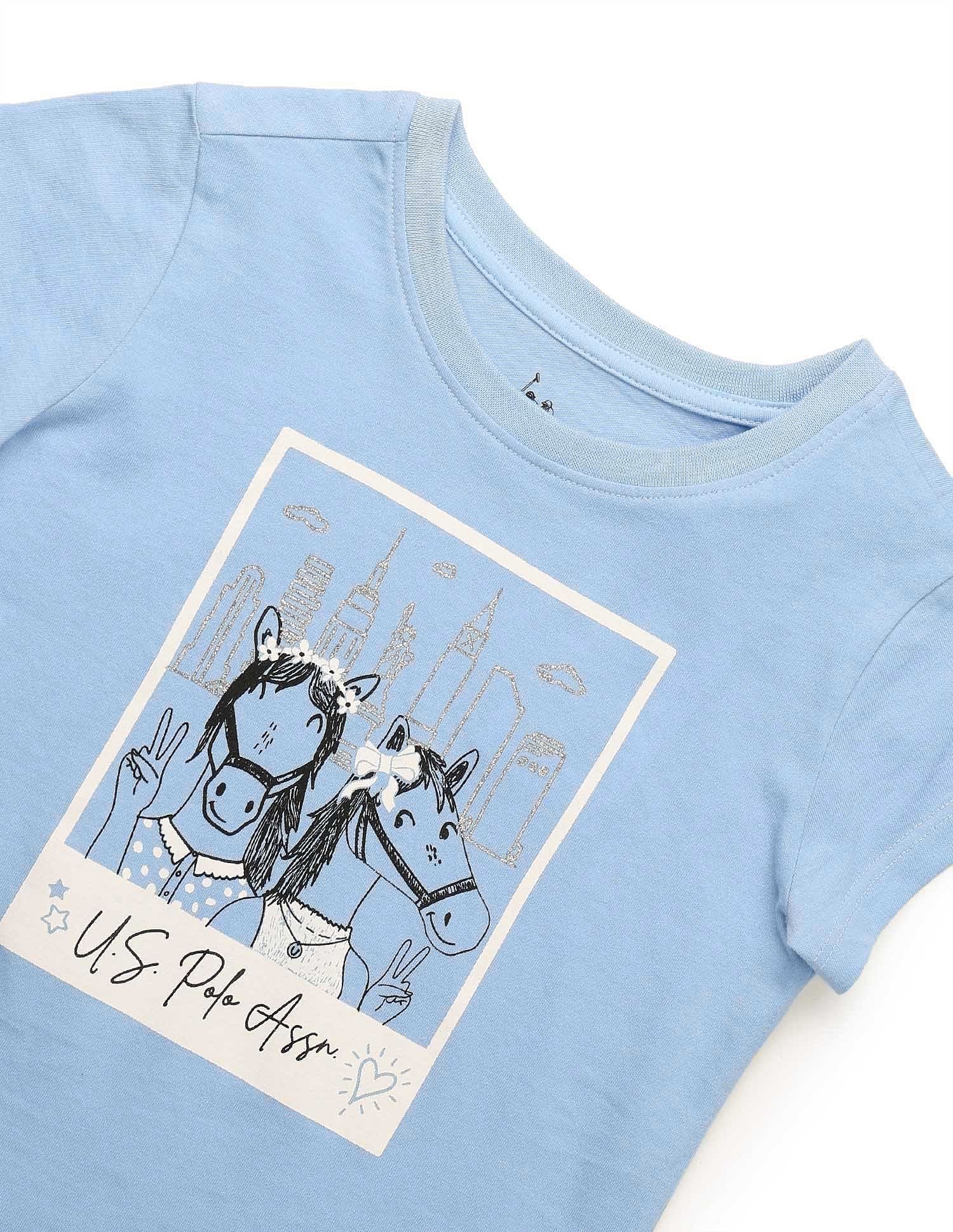 Girls Graphic Printed Regular Fit T-Shirt Light Blue - U.S. POLO ASSN. | Large