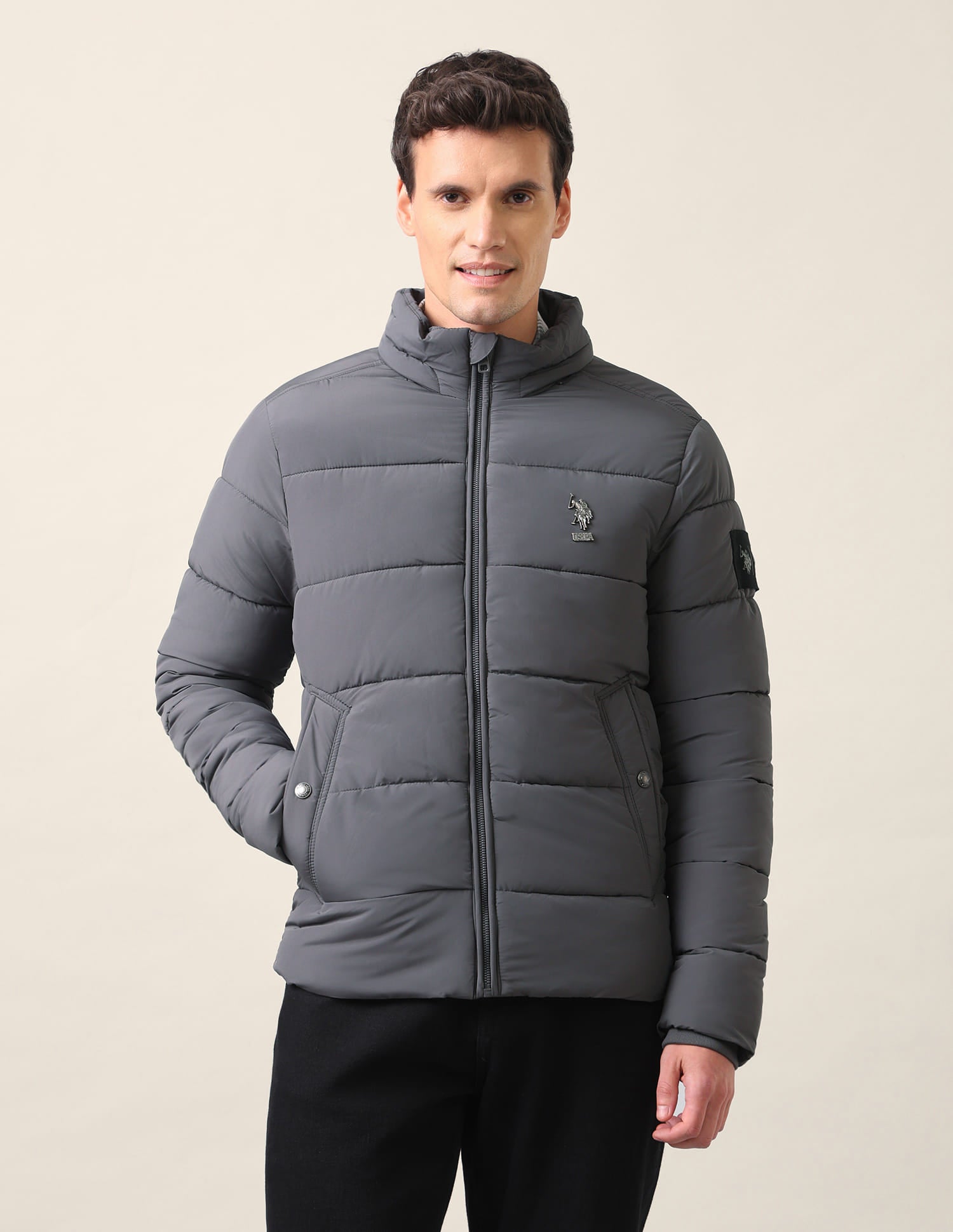 Regular Fit Solid Padded Jacket Dark Grey - U.S. Polo Assn. India | Large