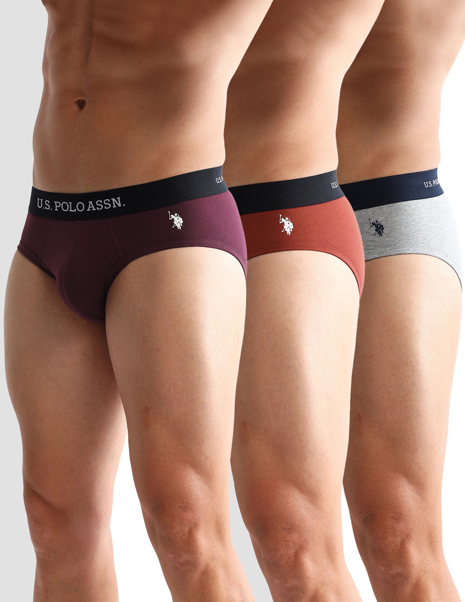 Anti Microbial Solid OEB13 Briefs - Pack Of 3 Grey Melange, Rust and Burgandy - U.S. POLO ASSN. | Large