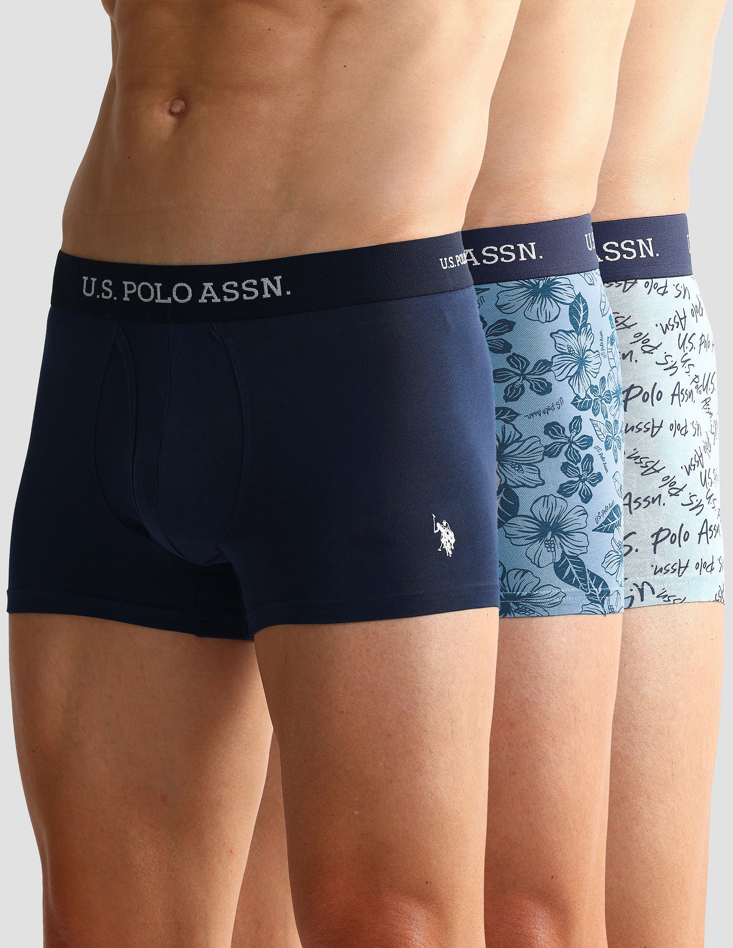 Elastic Waistband Ribbed OET08 Trunks - Pack Of 3 Blue and Navy - U.S. POLO ASSN. | Large