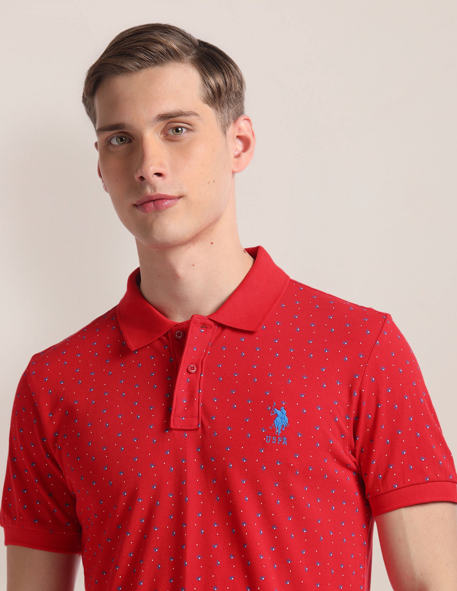 Graphic Print Ribbed Collar Polo Shirt Red - U.S. Polo Assn. India | Large