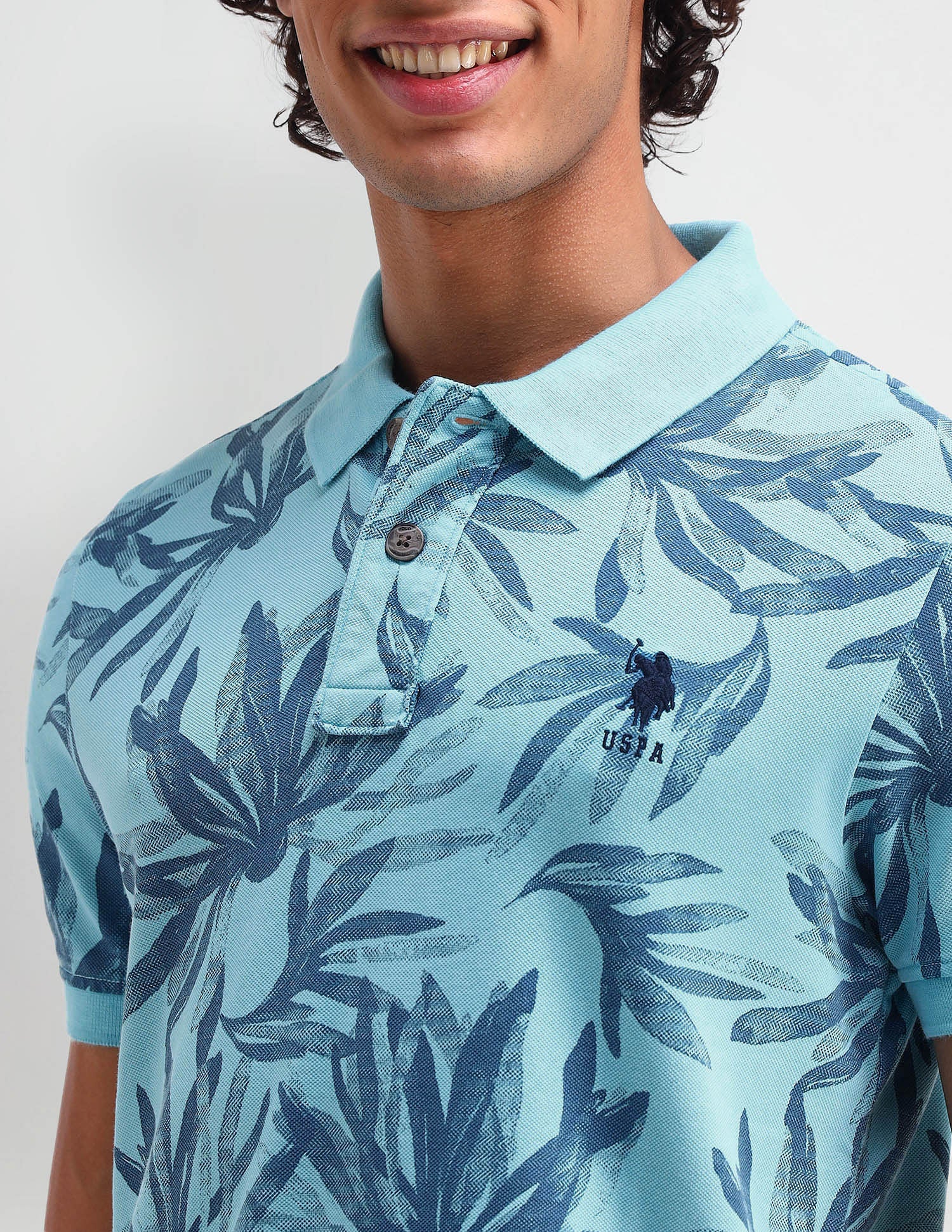 Floral Print Cotton Polo Shirt Blue - U.S. Polo Assn. India | Large