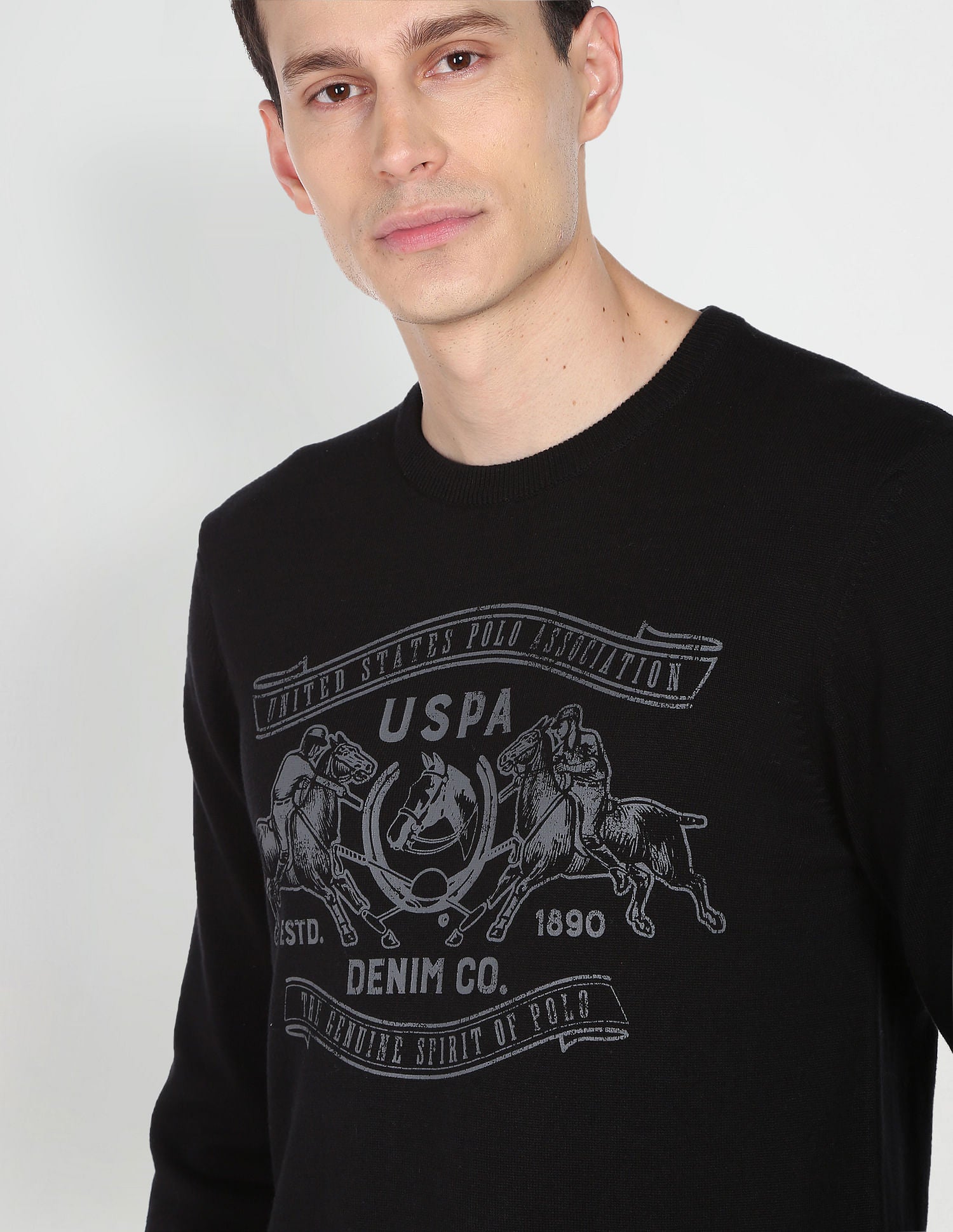 Men Black Crew Neck Graphic Print Cotton Sweater Black - U.S. POLO ASSN. | Large